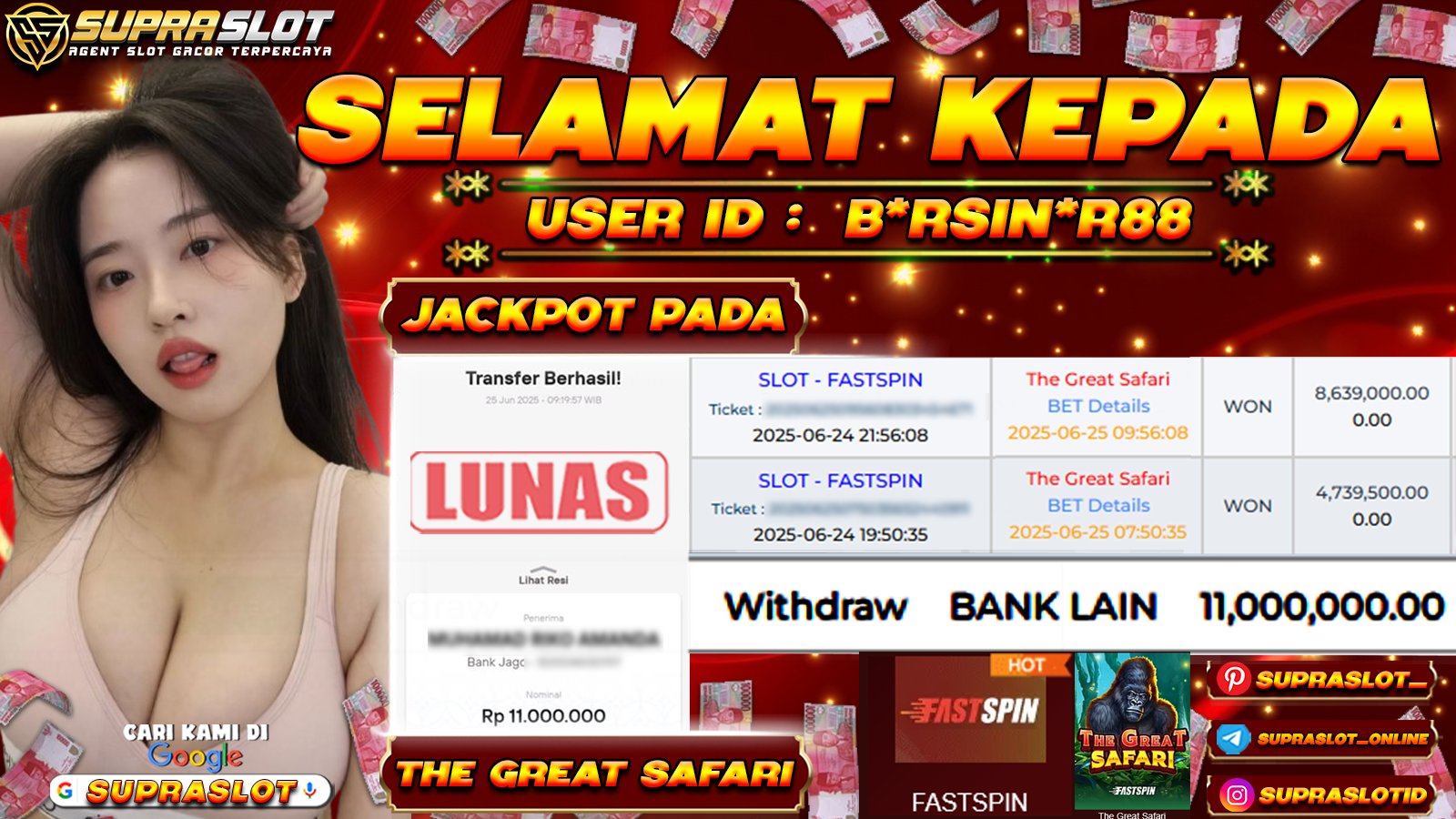 SUPRASLOT JACKPOT di SLOT The Great Safari Rp.11.000.000,- LUNAS