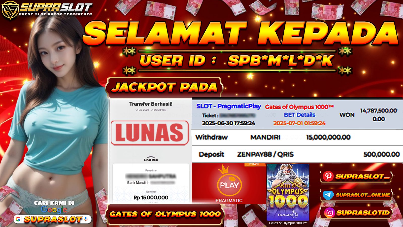 SUPRASLOT JACKPOT di SLOT GATES OF OLYMPUS 1000 Rp.15.000.000,- LUNAS