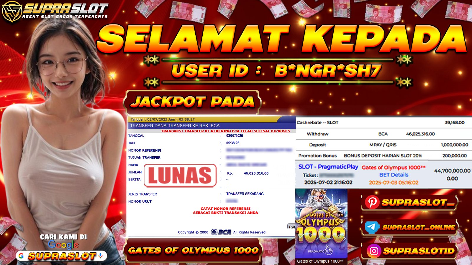 SUPRASLOT JACKPOT di SLOT GATES OF OLYMPUS 1000 Rp.44.700.000,- LUNAS