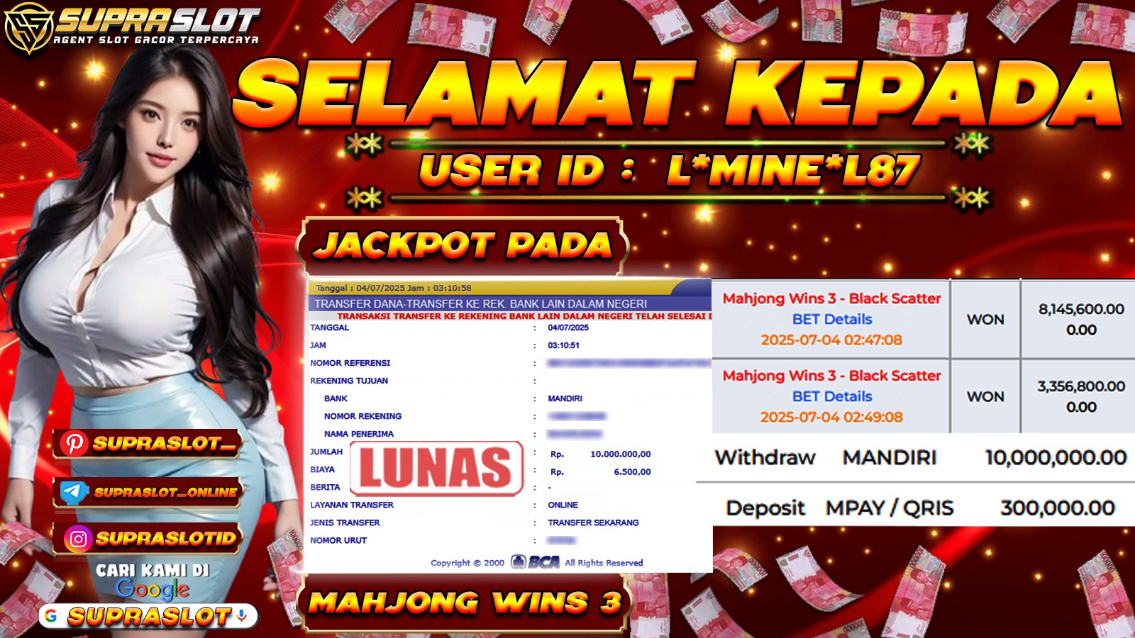 SUPRASLOT JACKPOT di SLOT MAHJONG WINS 3 Rp.10.000.000,- LUNAS