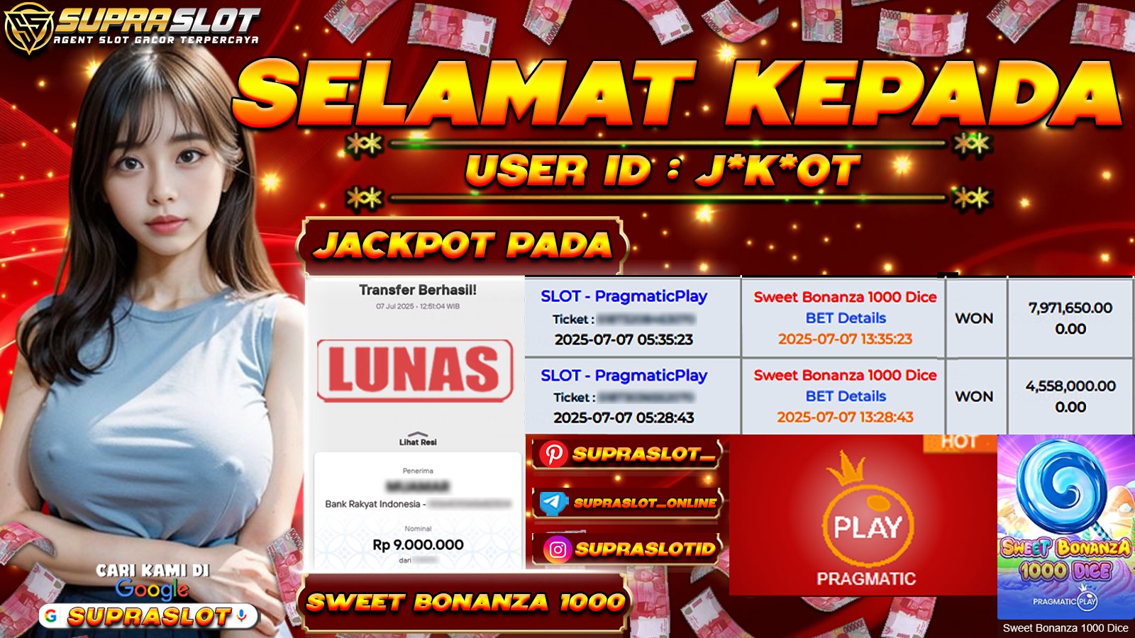 SUPRASLOT JACKPOT di SLOT Sweet Bonanza 1000 Dice Rp.9.000.000,- LUNAS