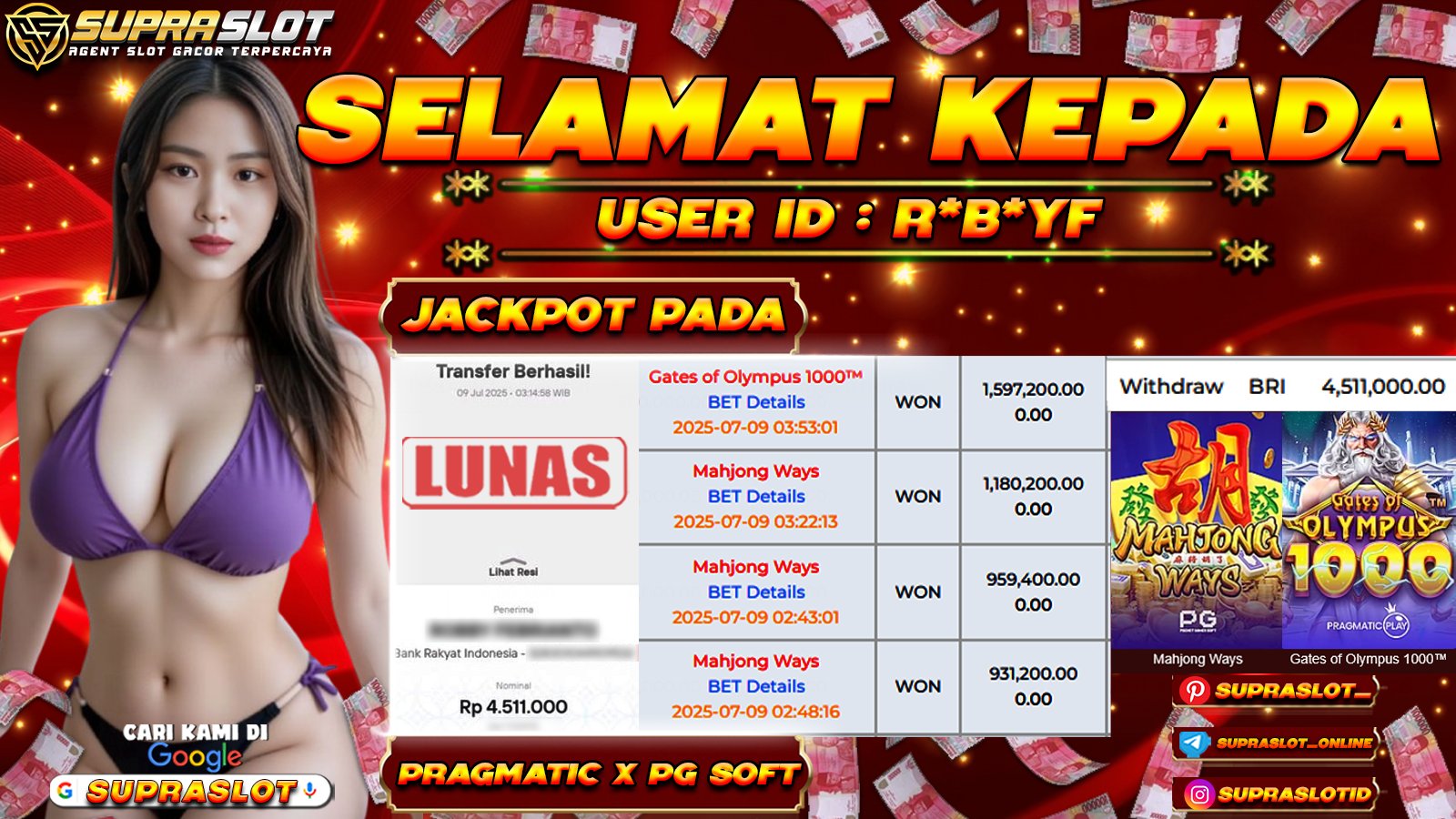 SUPRASLOT JACKPOT di SLOT PRAGMATIC X PG SOFT Rp.4.511.000,- LUNAS
