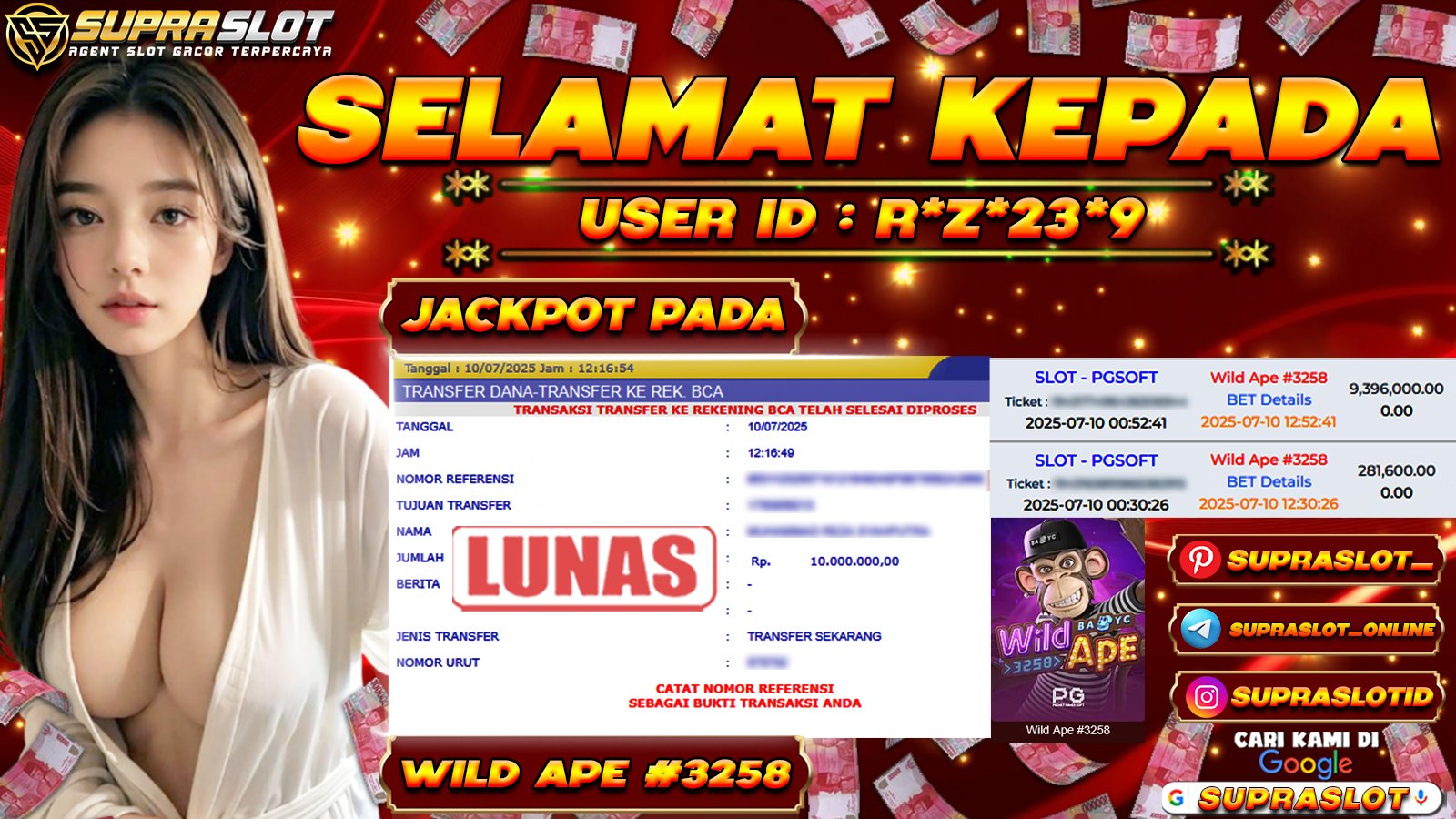 SUPRASLOT JACKPOT di WILD APE #3258 Rp.10.000.000,- LUNAS