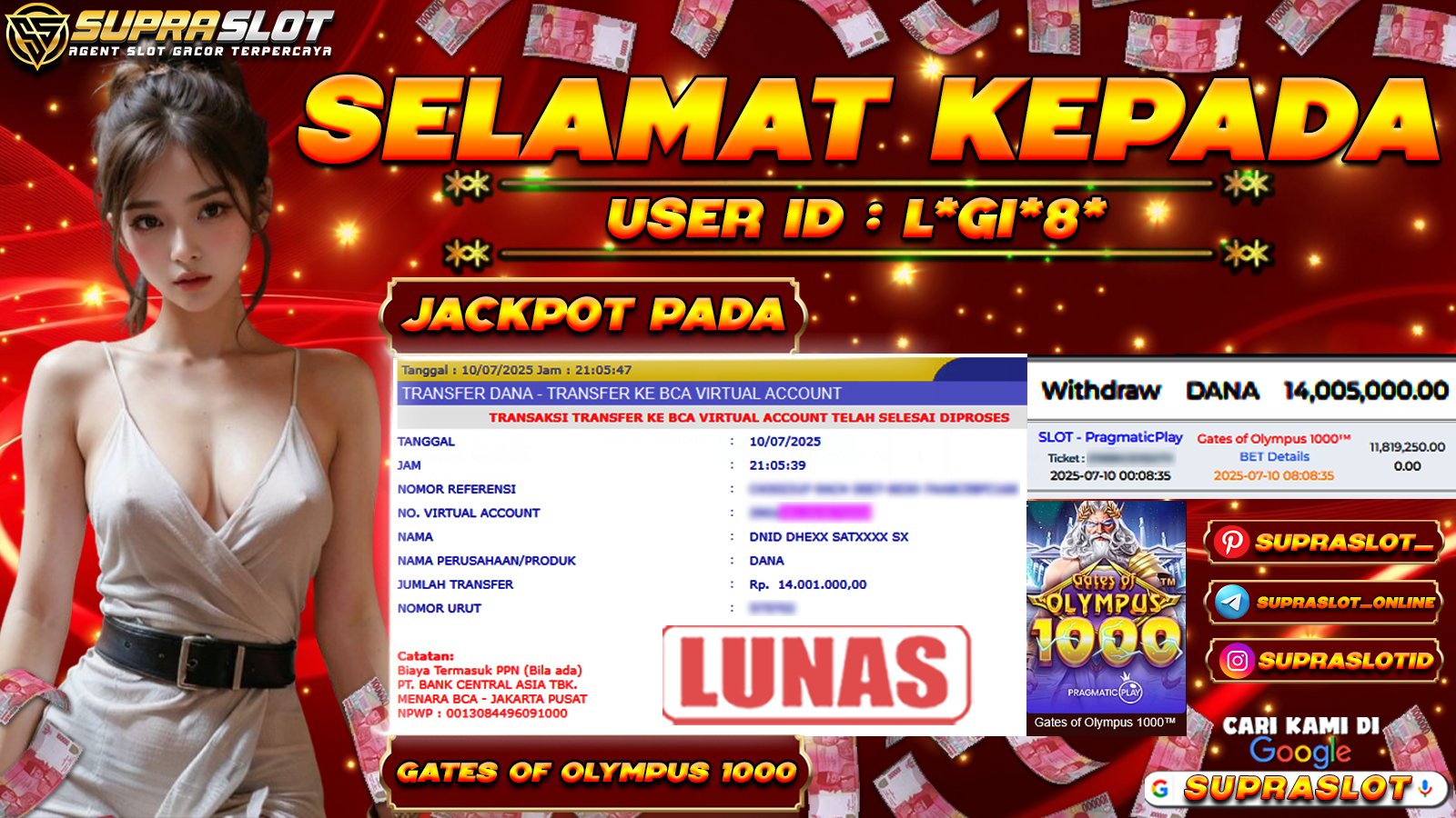 SUPRASLOT JACKPOT di SLOT GATES OF OLYMPUS 1000 Rp.14.005.000,- LUNAS