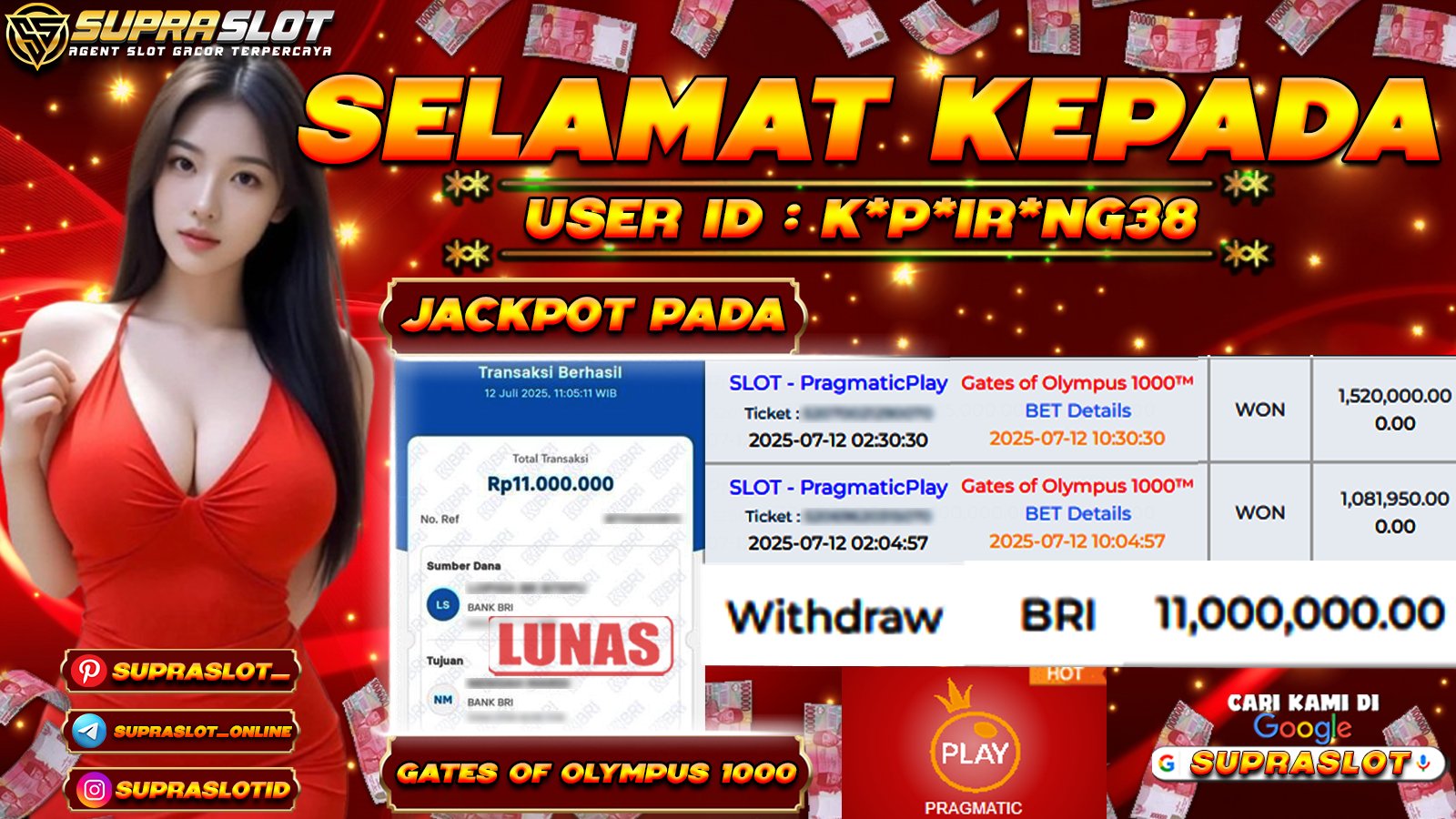 SUPRASLOT JACKPOT di SLOT GATES OF OLYMPUS 1000 Rp.11.000.000,- LUNAS