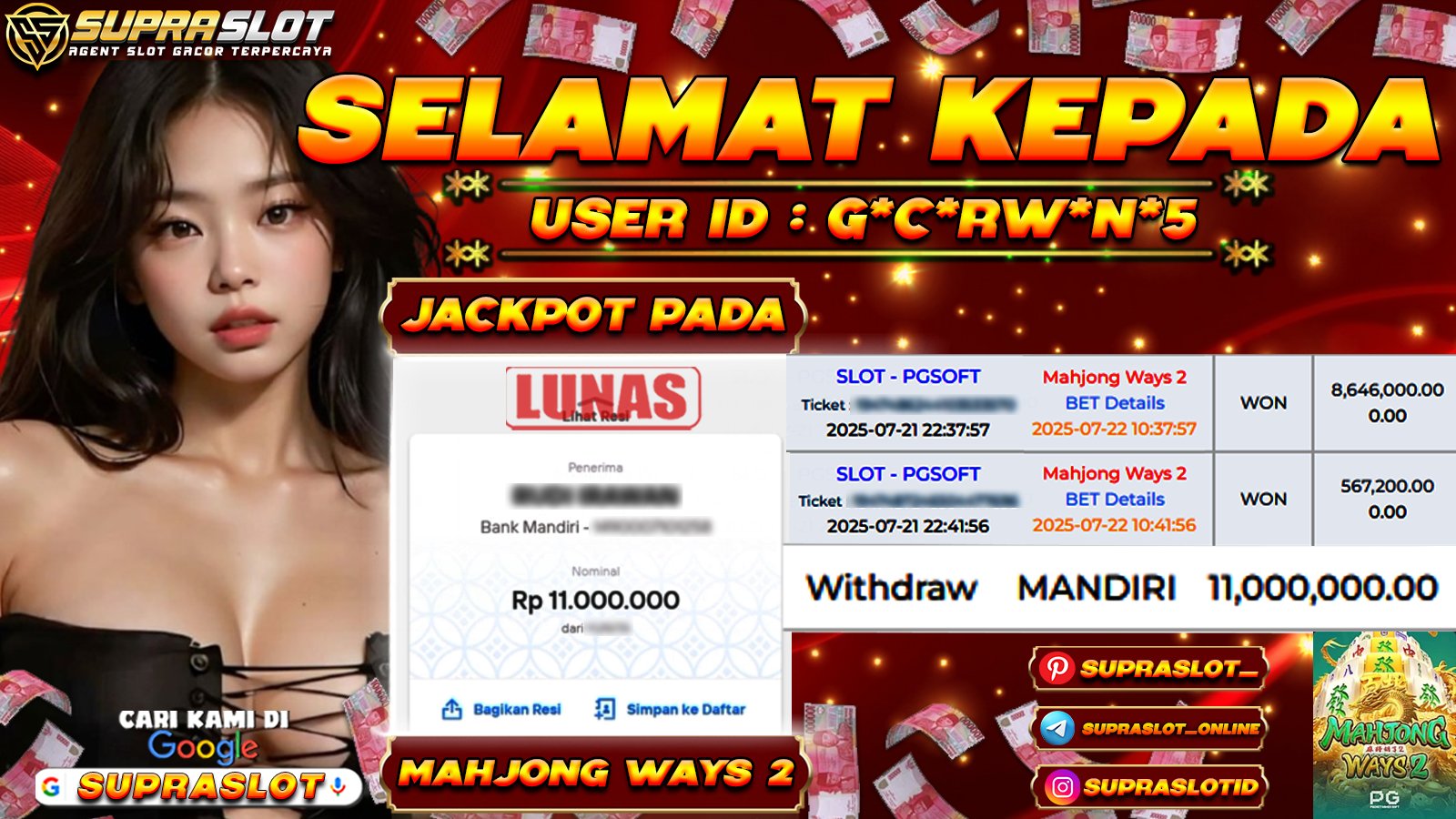 SUPRASLOT JACKPOT di SLOT MAHJONG WAYS 2 Rp.11.000.000,- LUNAS