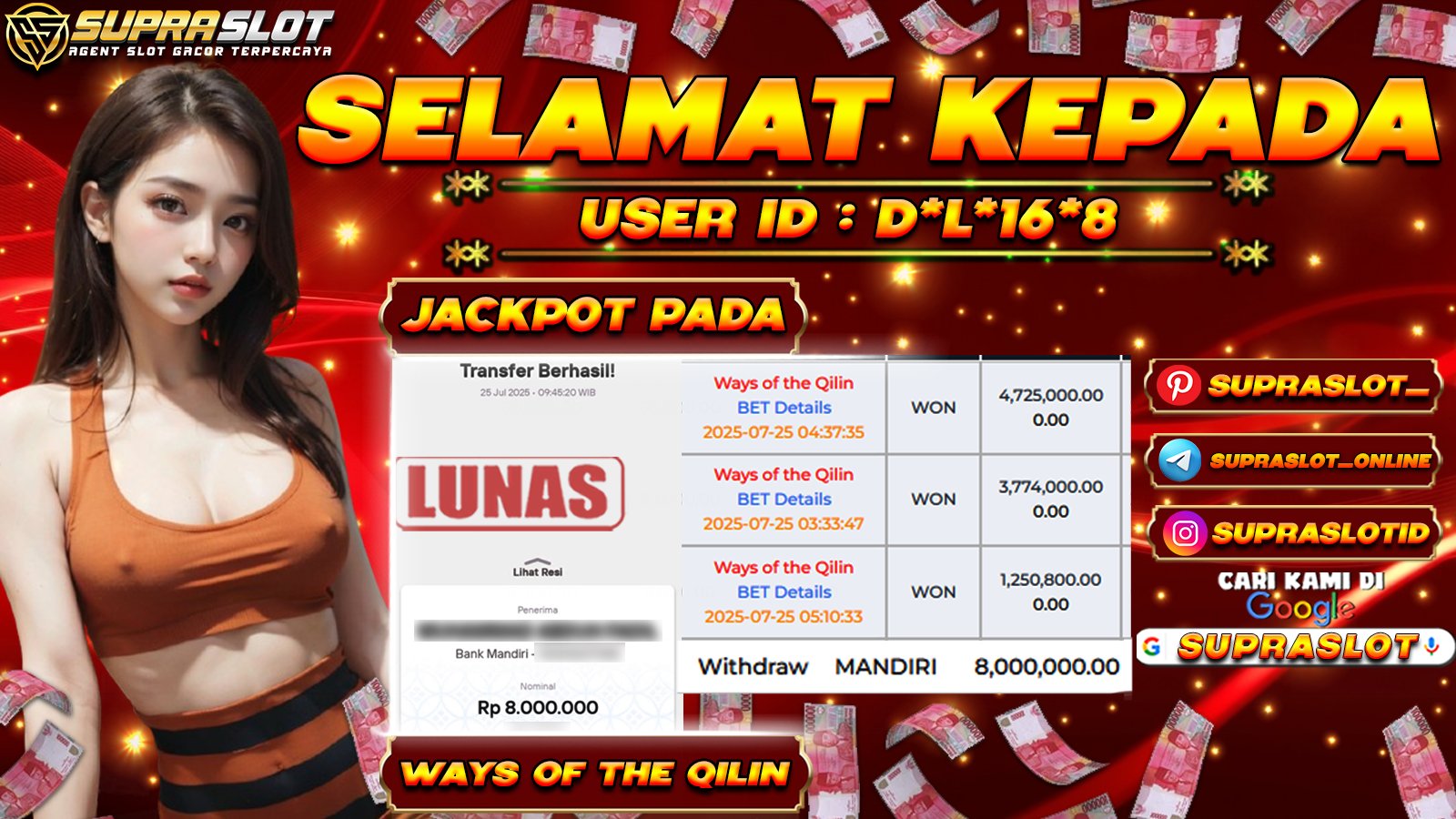 SUPRASLOT JACKPOT di SLOT WAYS OF THE QILIN Rp.8.000.000,- LUNAS