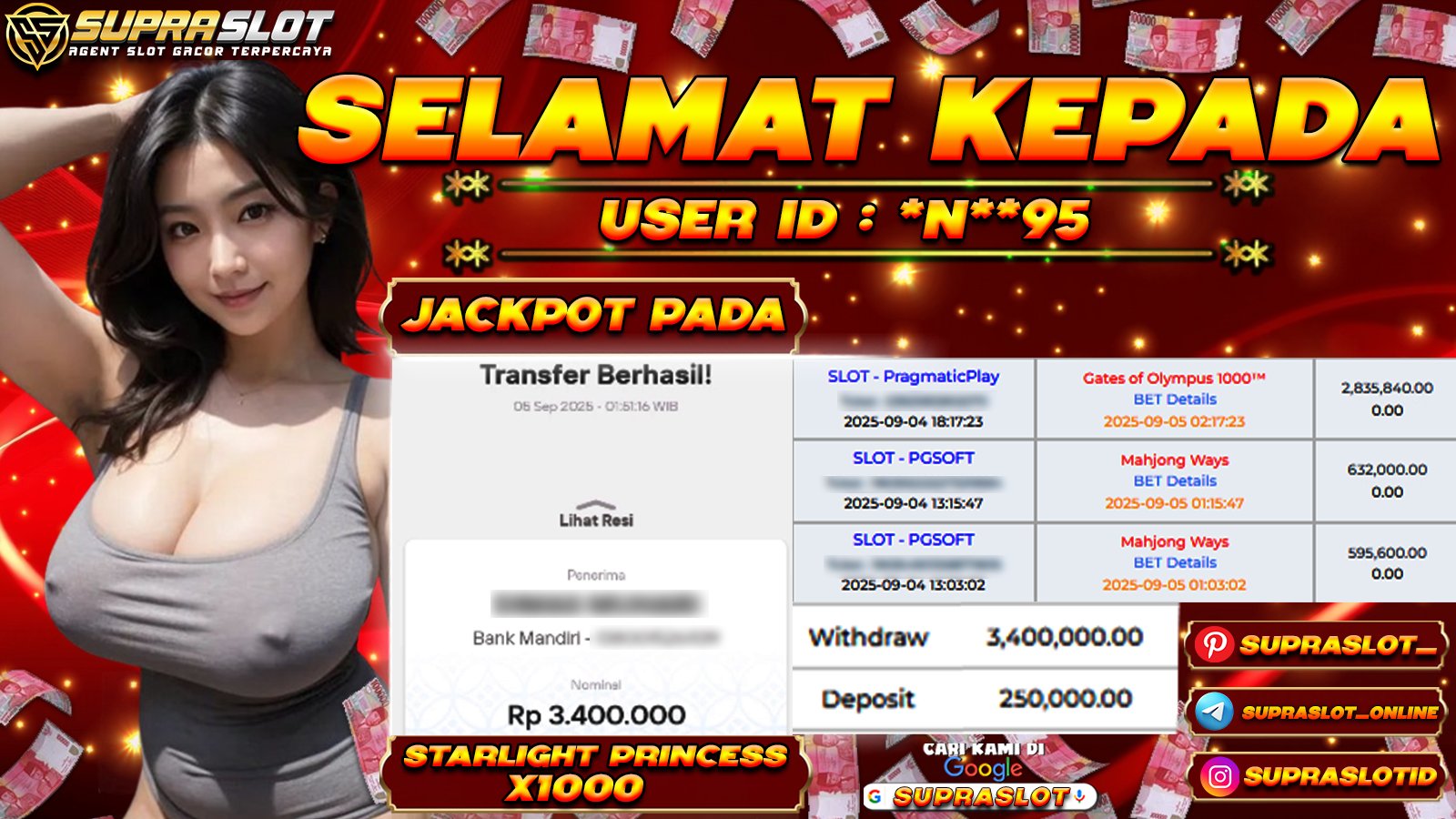 SUPRASLOT JACKPOT di SLOT GATES OF OLYMPUS 1000 Rp.3.400.000,- LUNAS