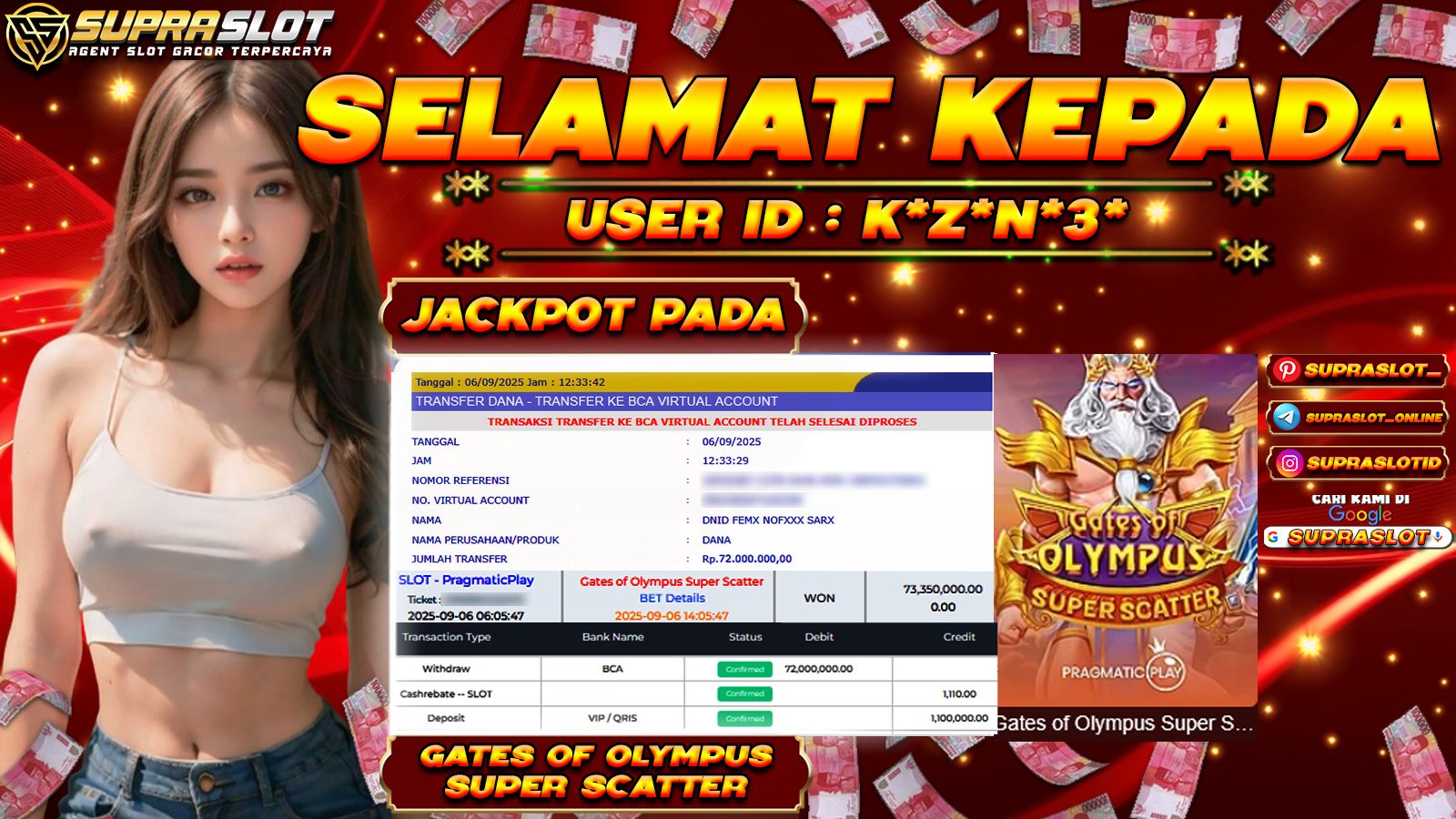 SUPRASLOT JACKPOT di SLOT GATES OF OLYMPUS SUPER SCATTER Rp.73.350.000,- LUNAS