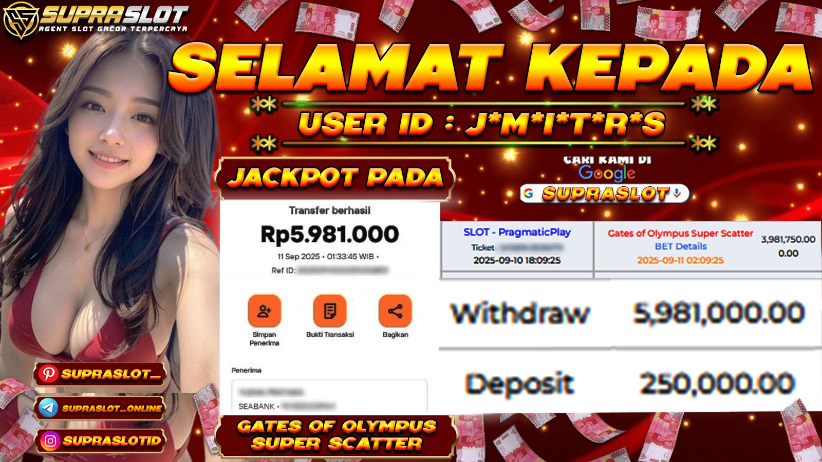 SUPRASLOT JACKPOT di SLOT GATES OF OLYMPUS SUPER SCATTER Rp.5.981.000,- LUNAS