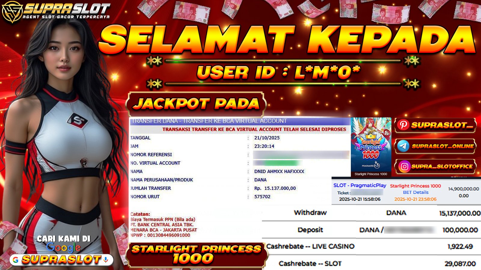 SUPRASLOT JACKPOT di SLOT STARLIGT PRINCESS 1000 Rp.15.137.000,- LUNAS