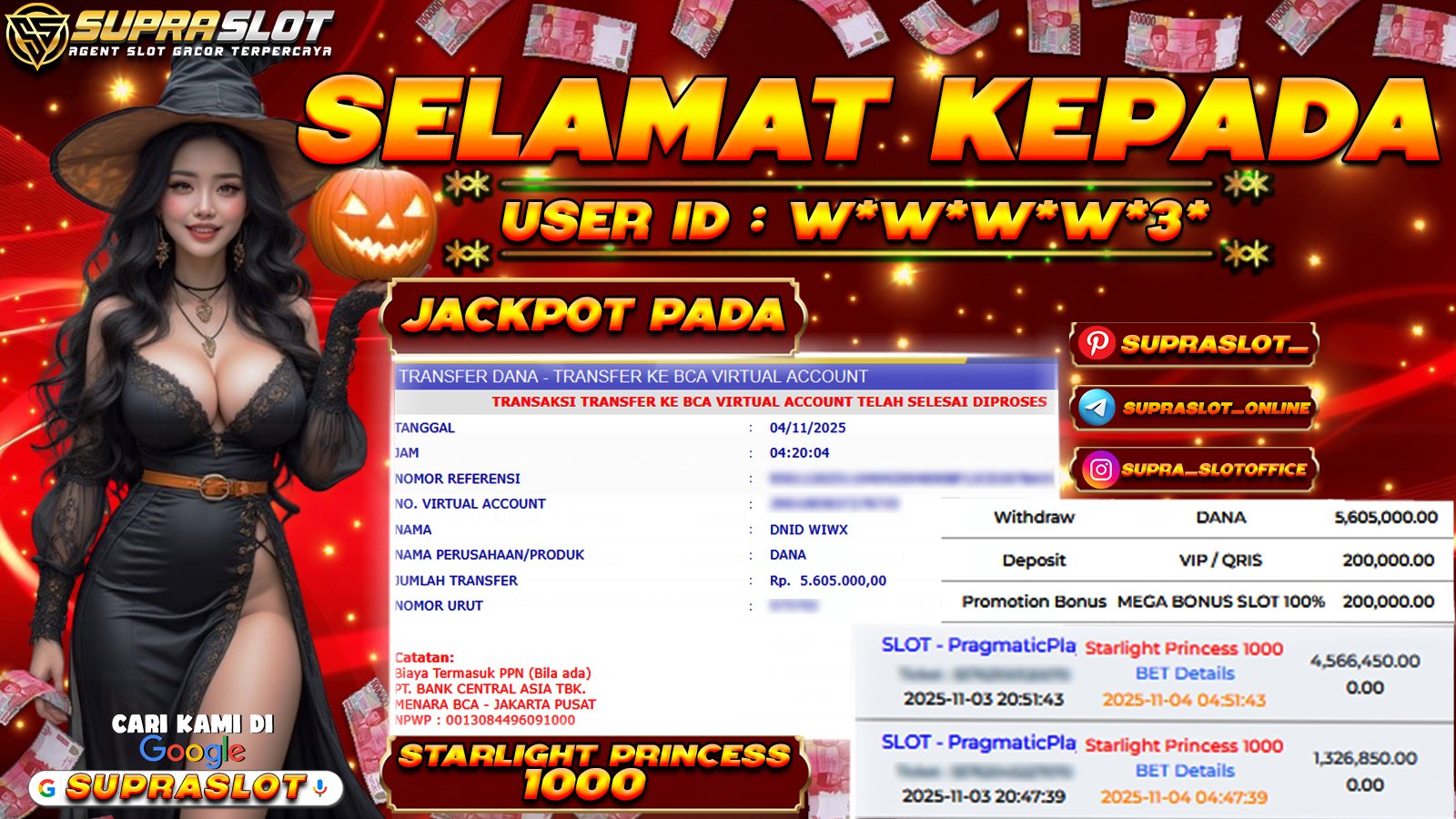 SUPRASLOT JACKPOT di SLOT STARLIGT PRINCESS 1000 Rp.5.605.000,- LUNAS