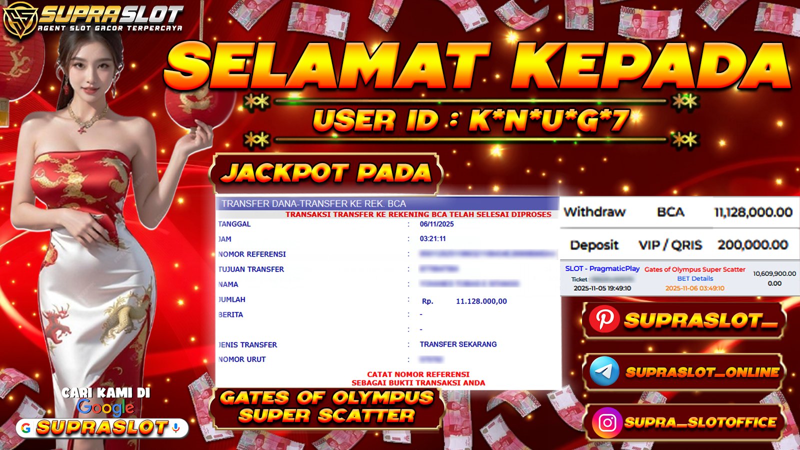SUPRASLOT JACKPOT di SLOT GATES OF OLYMPUS SUPER SCATTER Rp.11.128.000,- LUNAS