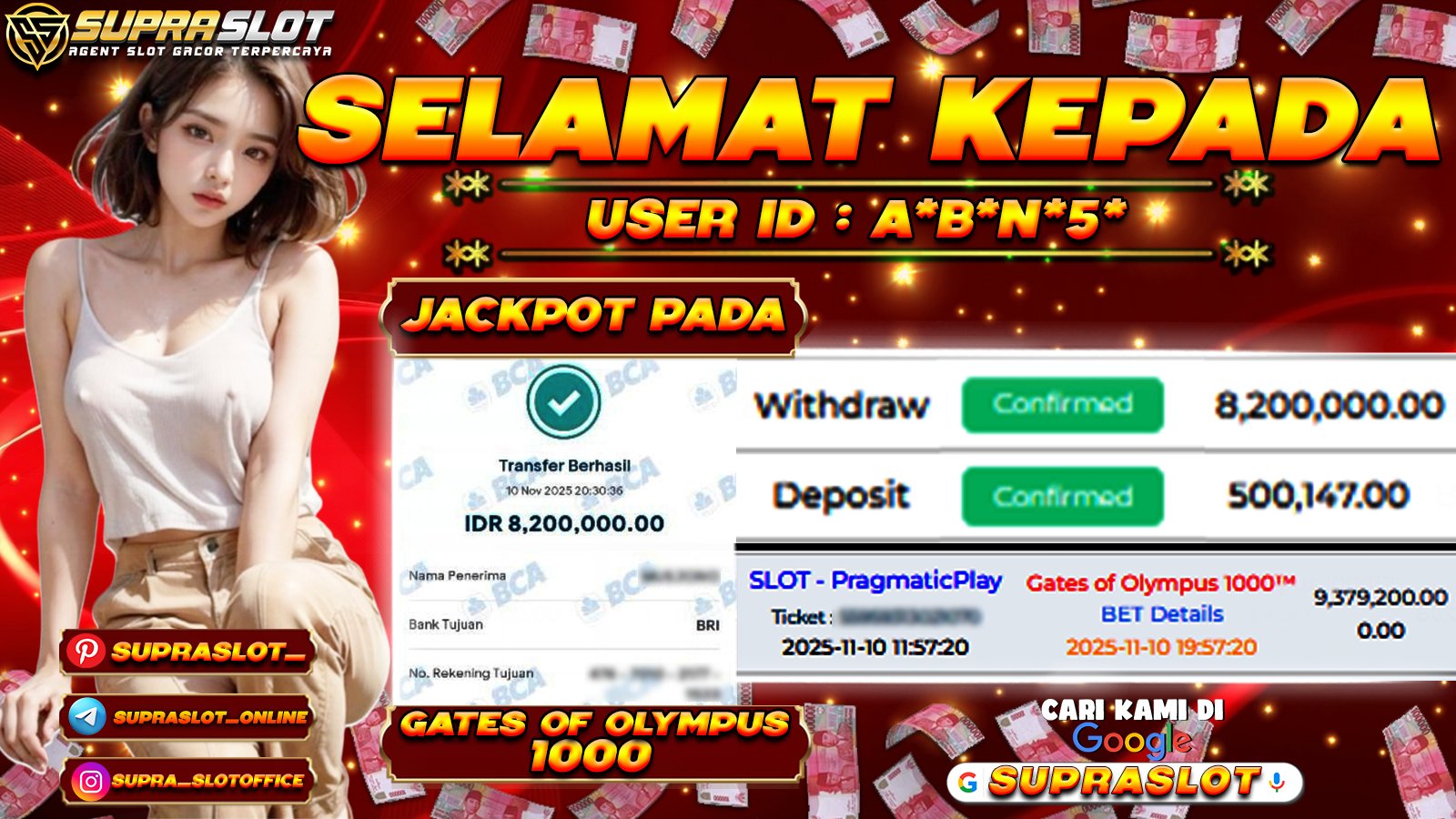 SUPRASLOT JACKPOT di SLOT GATES OF OLYMPUS 1000 Rp.8.200.000,- LUNAS