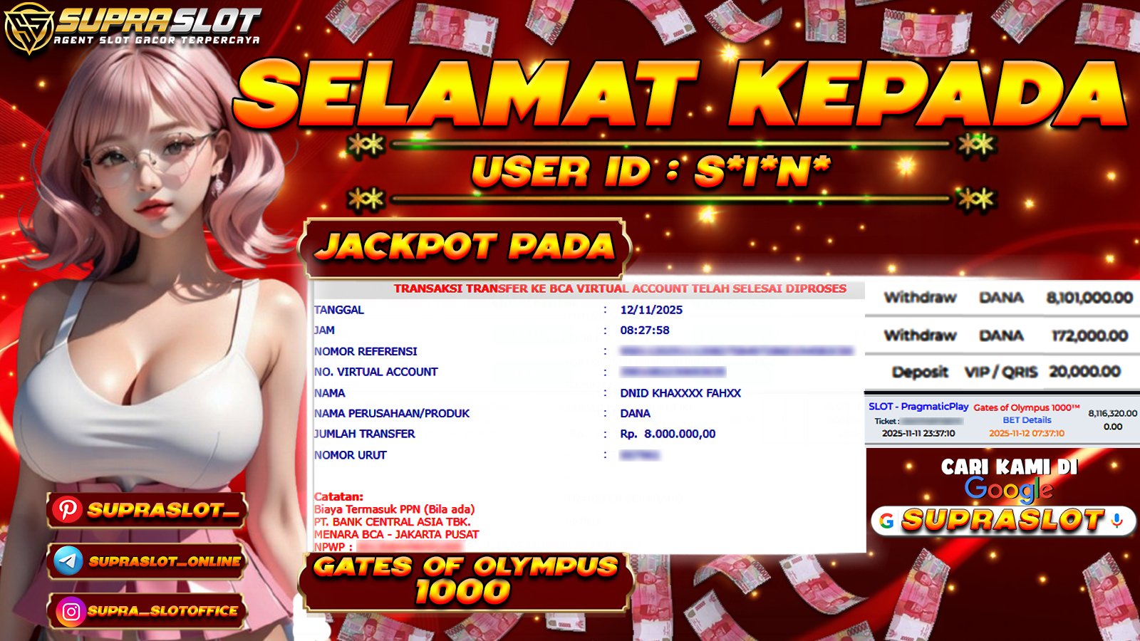 SUPRASLOT JACKPOT di SLOT GATES OF OLYMPUS 1000 Rp.8.000.000,- LUNAS