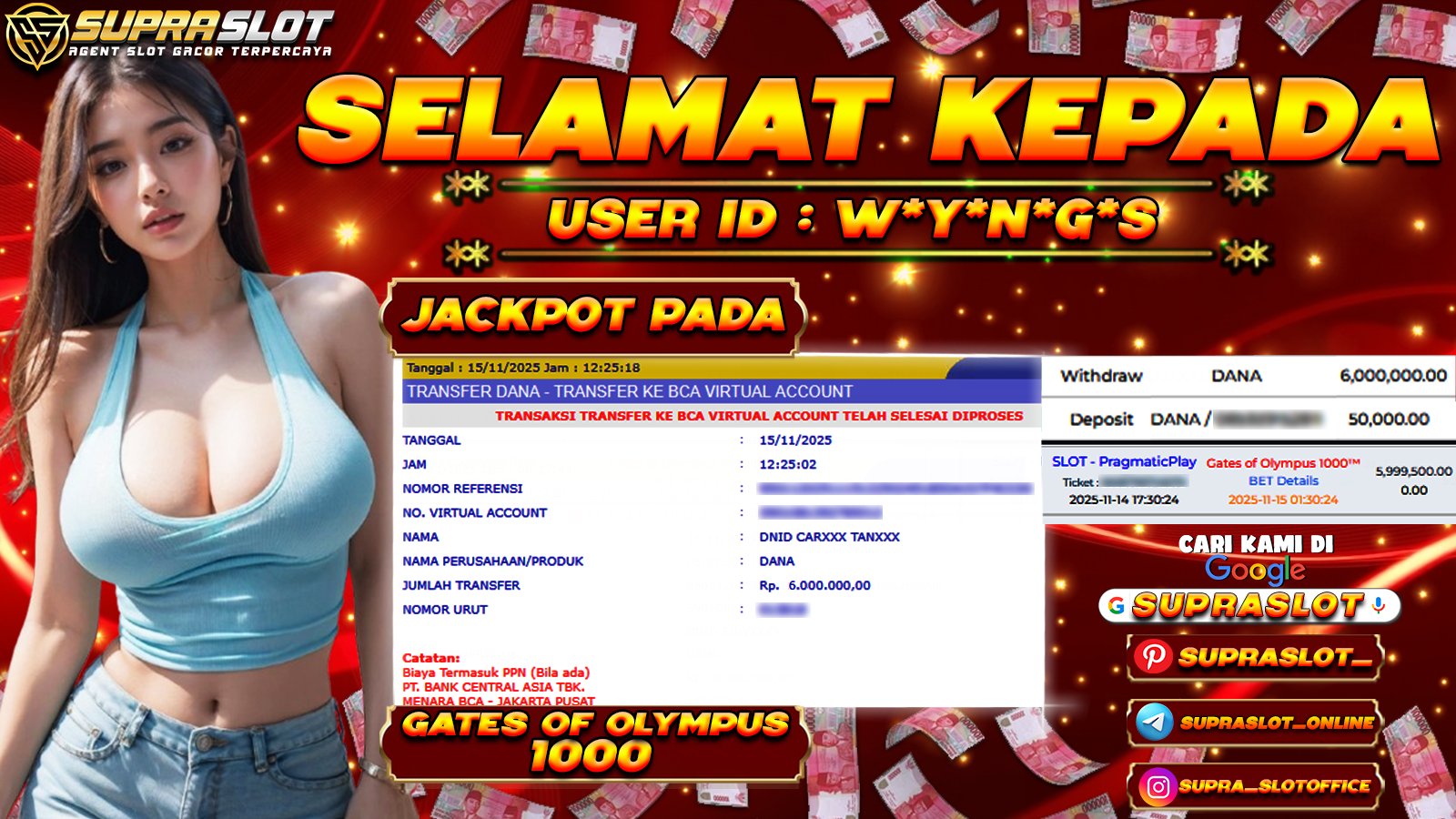 SUPRASLOT JACKPOT di SLOT GATES OF OLYMPUS 1000 Rp.6.000.000,- LUNAS