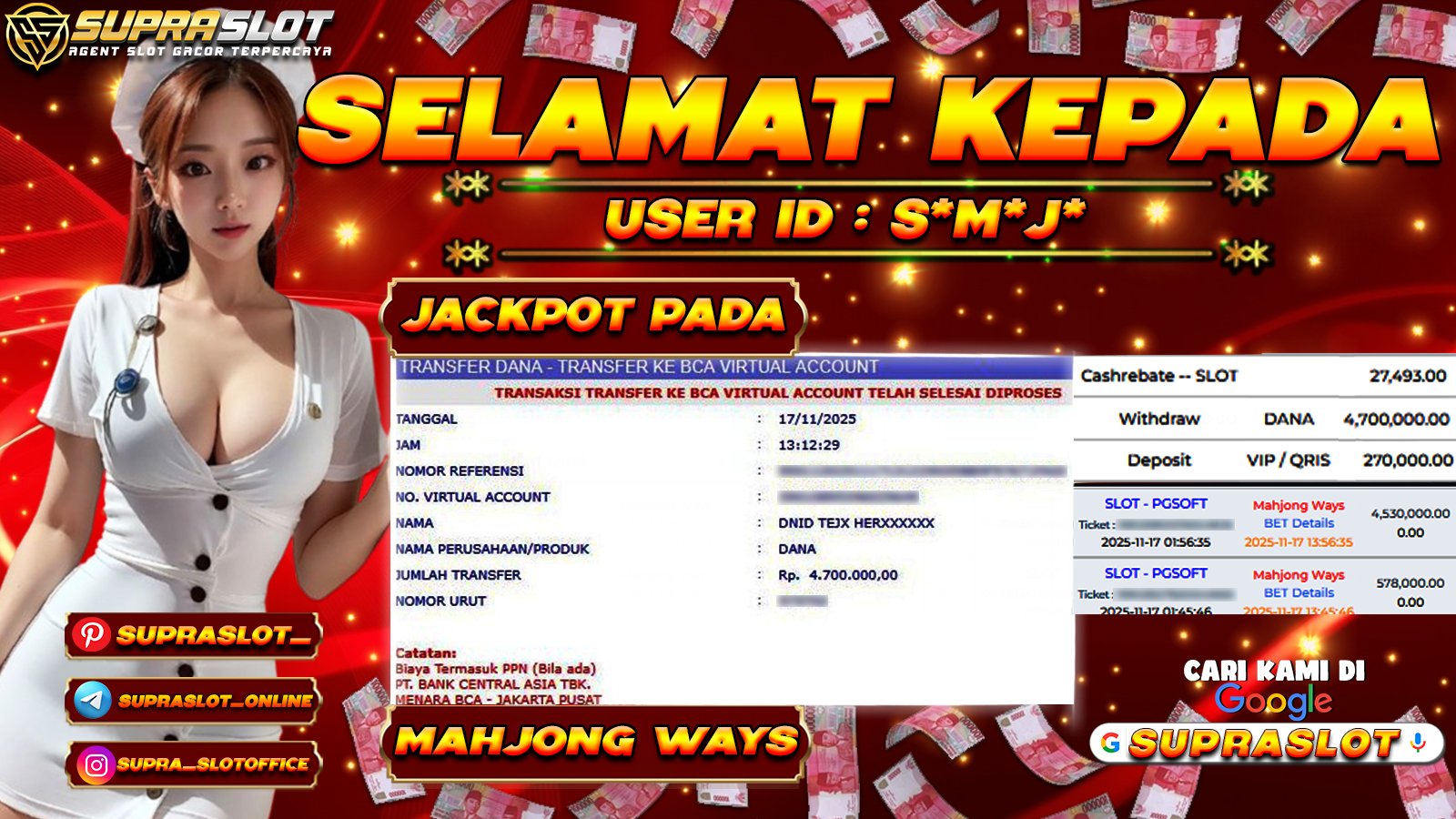 SUPRASLOT JACKPOT di SLOT MAHJONG WAYS Rp.4.700.000,- LUNAS