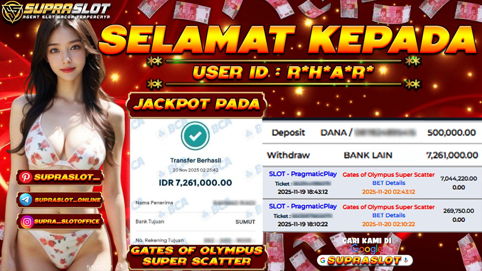 SUPRASLOT JACKPOT di SLOT GATES OF OLYMPUS SUPER SCATTER Rp.7.261.000,- LUNAS