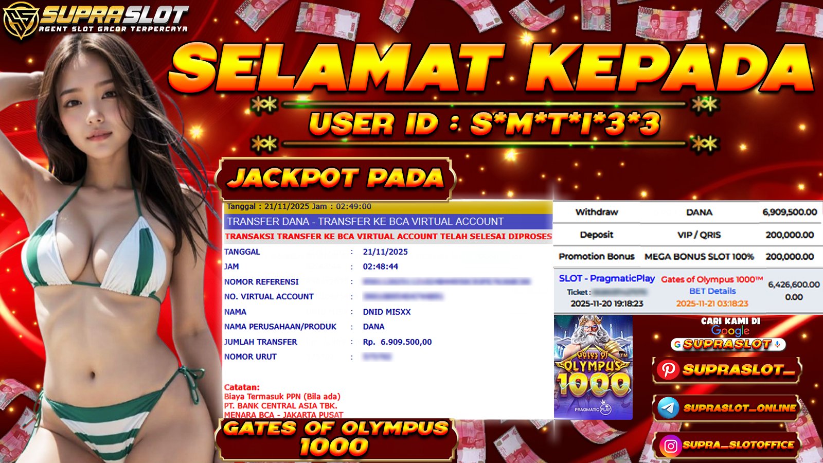 SUPRASLOT JACKPOT di SLOT GATES OF OLYMPUS 1000 Rp.6.909.500,- LUNAS