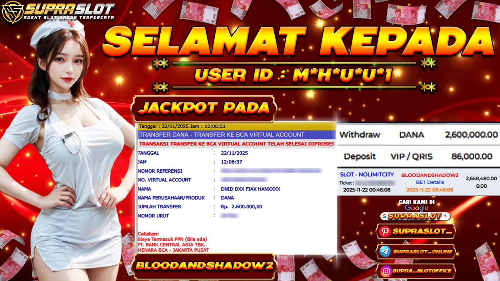 SUPRASLOT JACKPOT di SLOT BLOODANDSHADOW2 Rp.2.600.000,- LUNAS