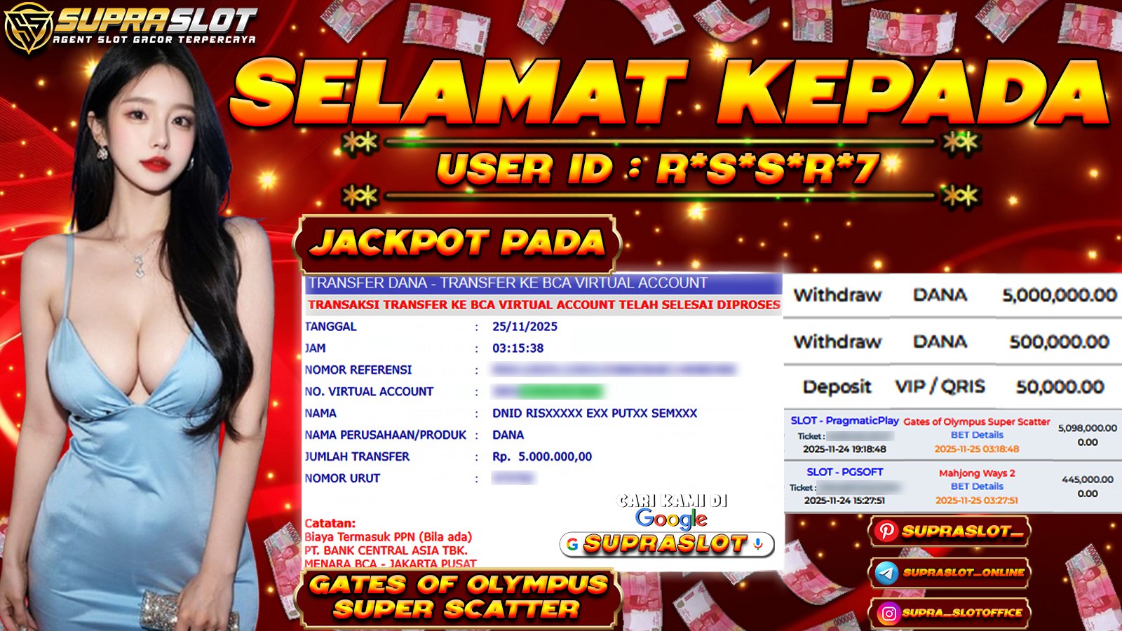 SUPRASLOT JACKPOT di SLOT GATES OF OLYMPUS SUPER SCATTER Rp.5.000.000,- LUNAS