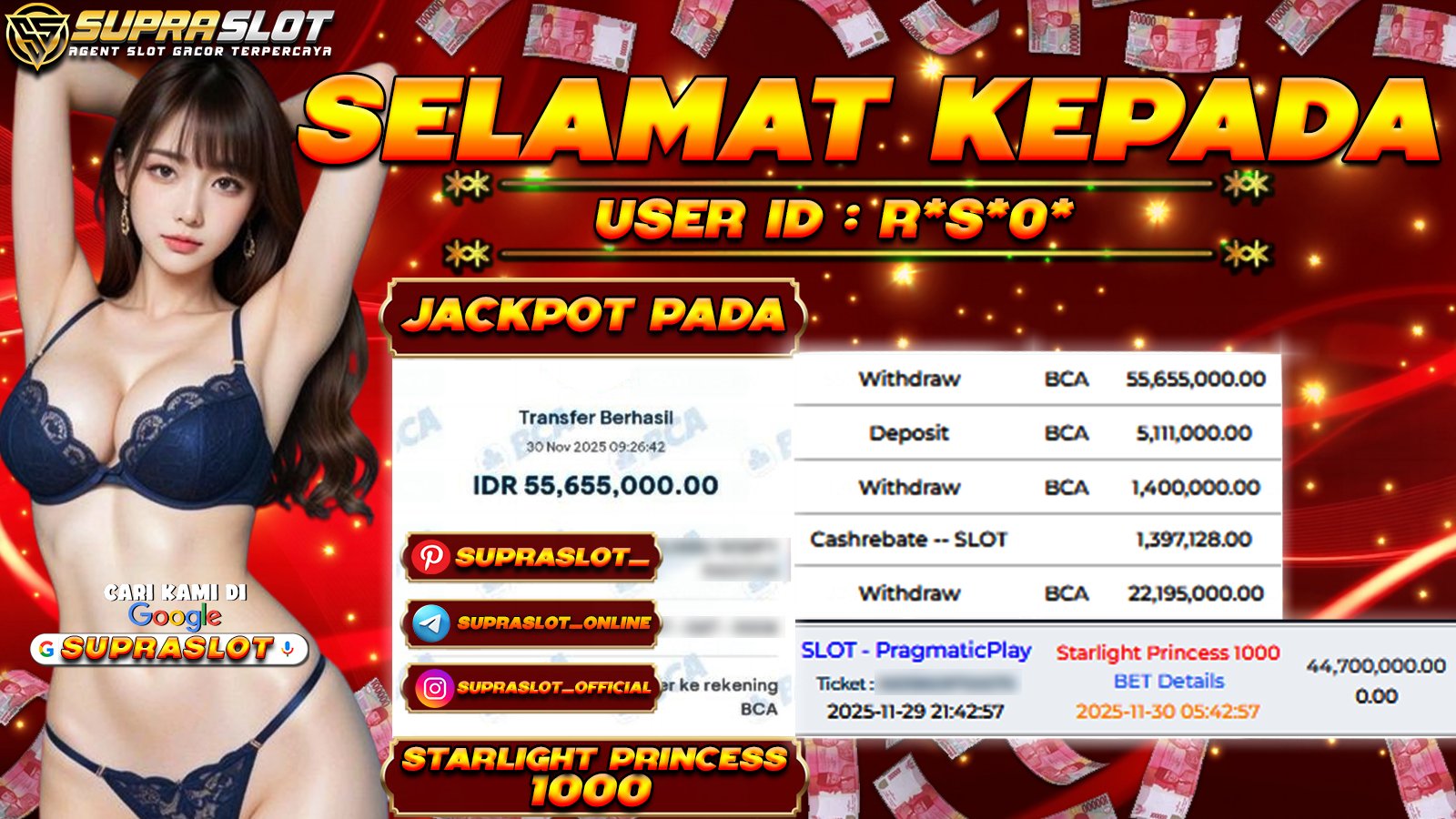 SUPRASLOT JACKPOT di SLOT STARLIGT PRINCESS 1000 Rp.55.655.000,- LUNAS