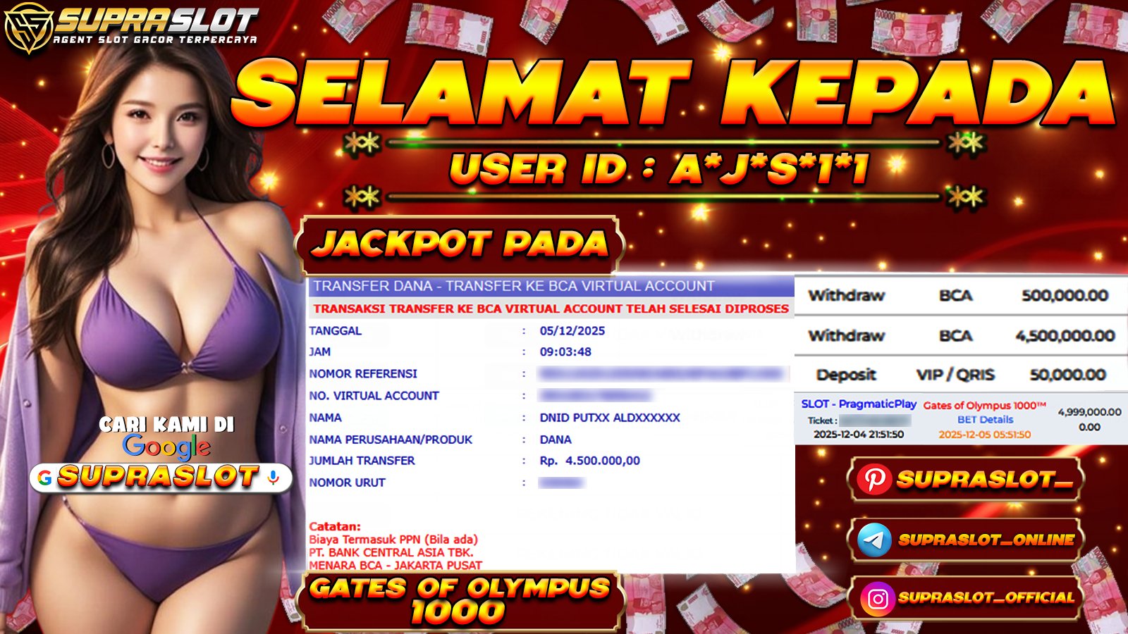 SUPRASLOT JACKPOT di SLOT GATES OF OLYMPUS 1000 Rp.5.000.000,- LUNAS