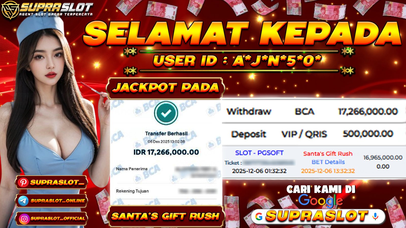 SUPRASLOT JACKPOT di SLOT SANTA’S GIFT RUSH Rp.17.266.000,- LUNAS
