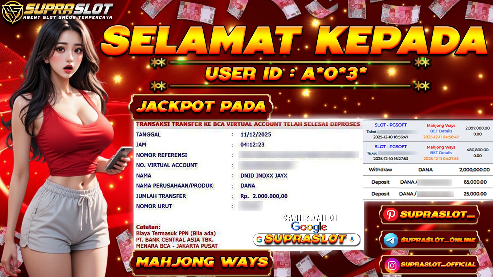 SUPRASLOT JACKPOT di SLOT MAHJONG WAYS Rp.2.000.000,- LUNAS