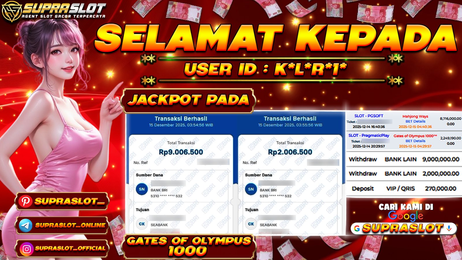 SUPRASLOT JACKPOT di SLOT GATES OF OLYMPUS 1000 Rp.11.000.000,- LUNAS