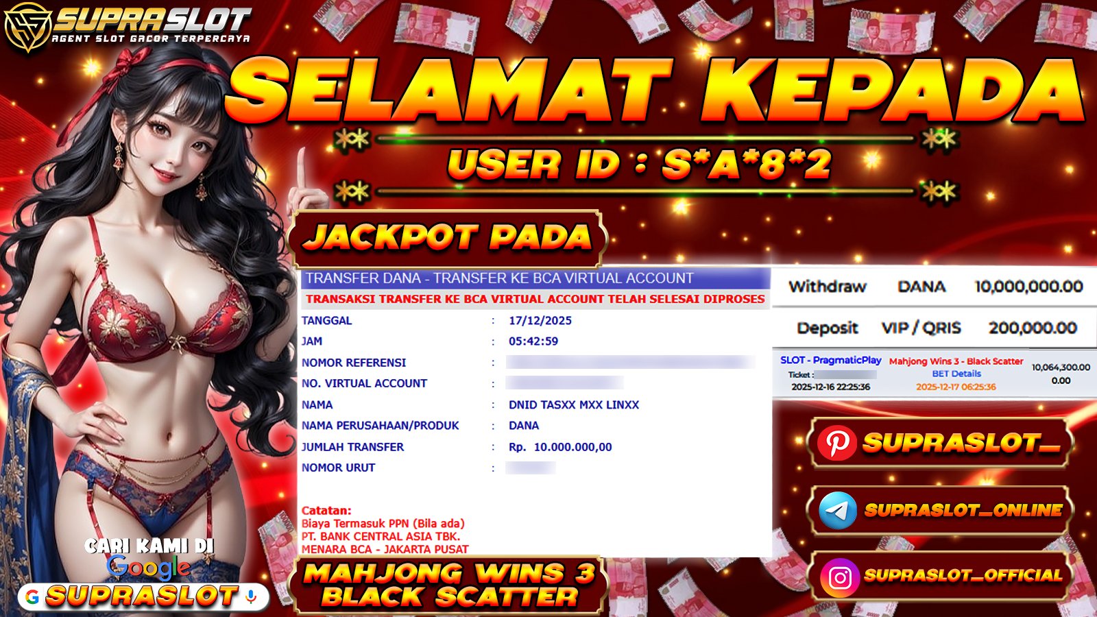 SUPRASLOT JACKPOT di SLOT MAHJONG WINS 3 Rp.10.000.000,- LUNAS