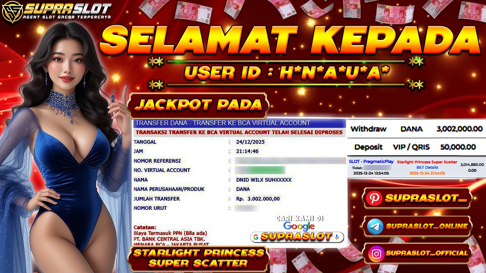 SUPRASLOT JACKPOT di SLOT STARLIGHT PRINCESS SUPER SCATTER Rp.3.002.000,- LUNAS