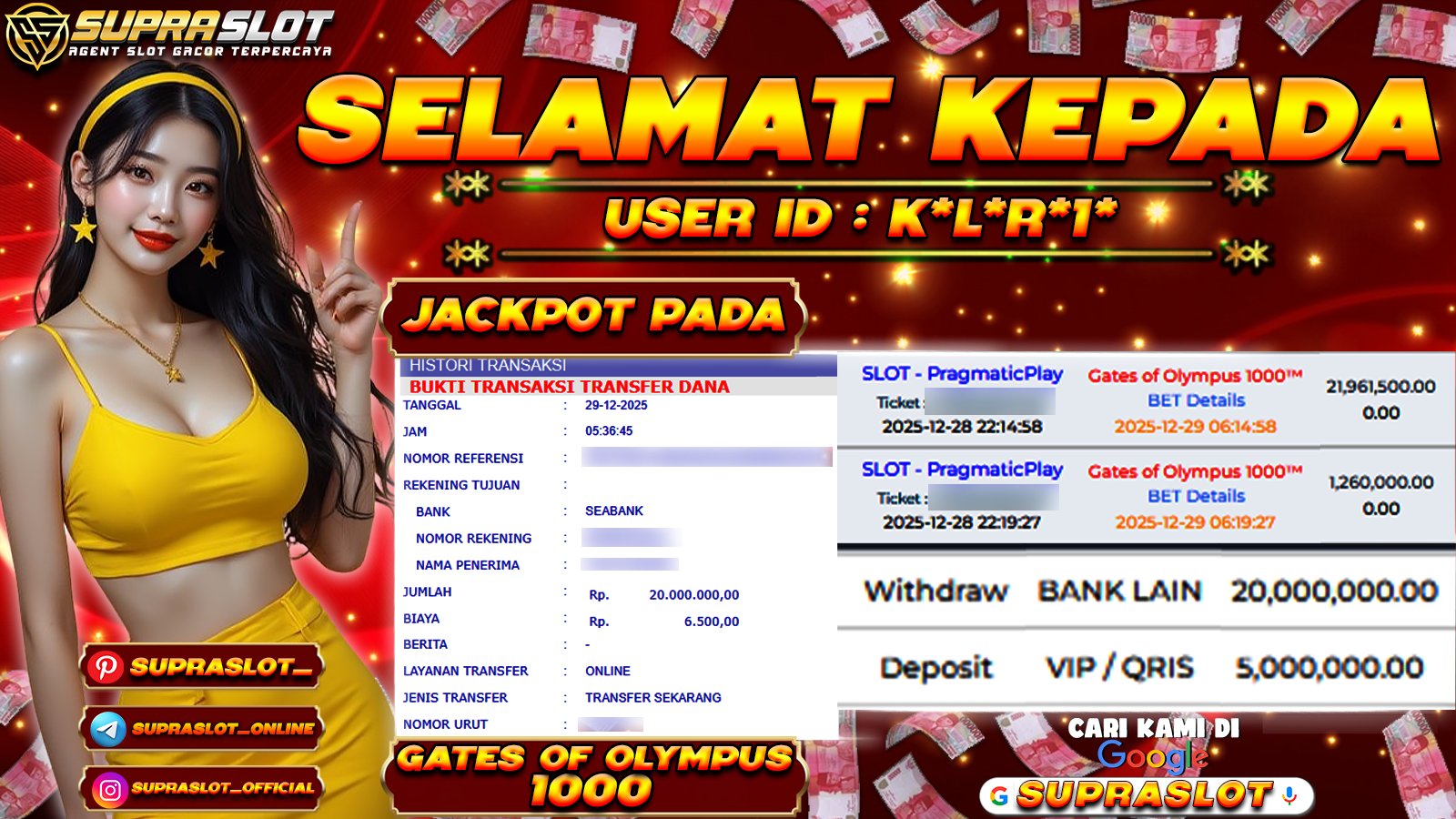 SUPRASLOT JACKPOT di SLOT GATES OF OLYMPUS 1000 Rp.20.000.000,- LUNAS