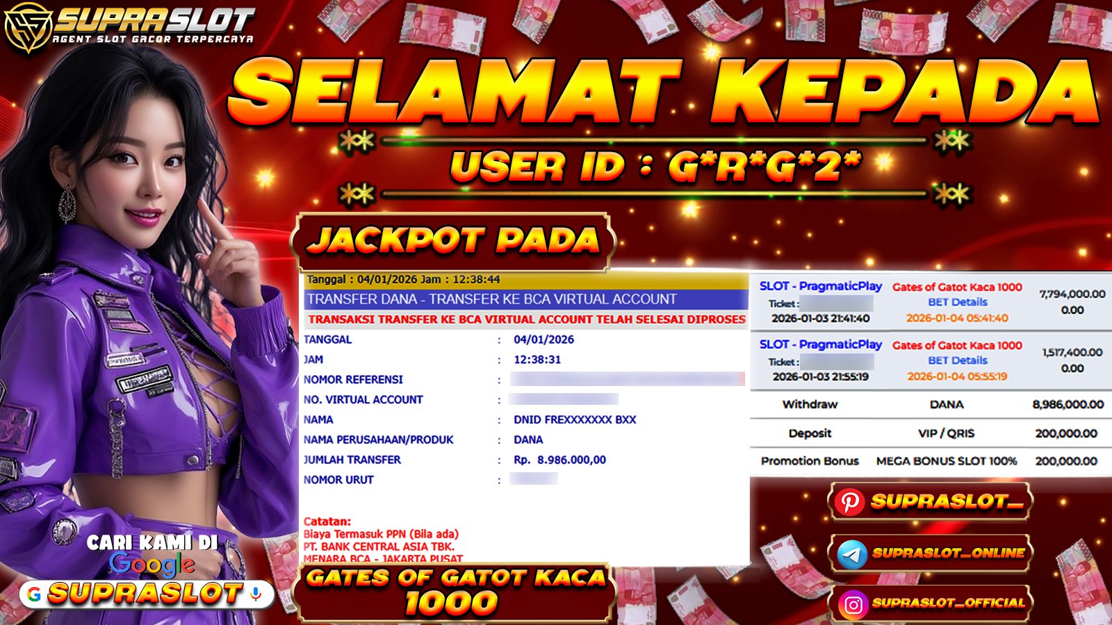SUPRASLOT JACKPOT di SLOT GATES OF GATOT KACA 1000 Rp.8.986.000,- LUNAS