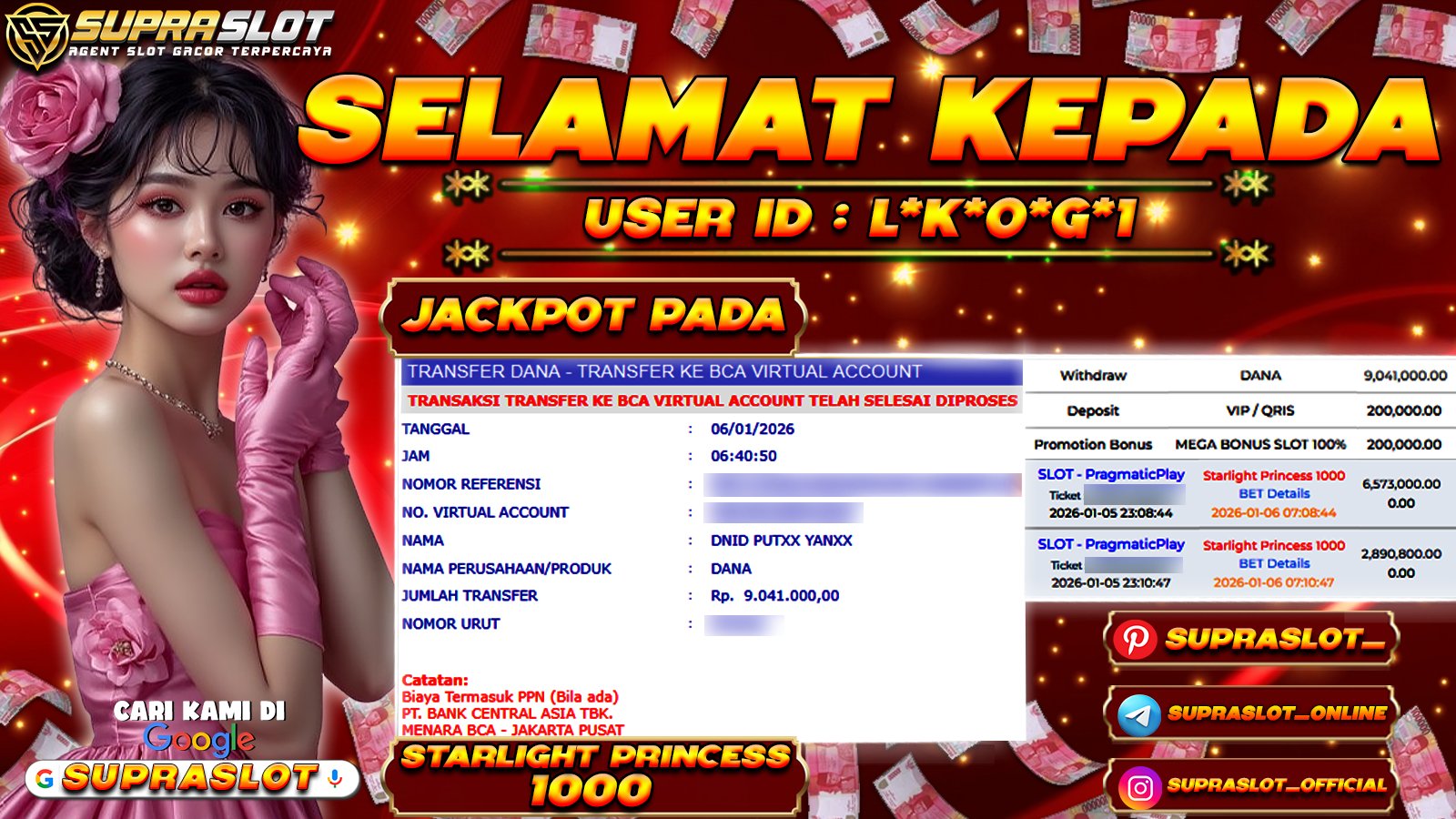 SUPRASLOT JACKPOT di SLOT STARLIGT PRINCESS 1000 Rp.9.041.000,- LUNAS