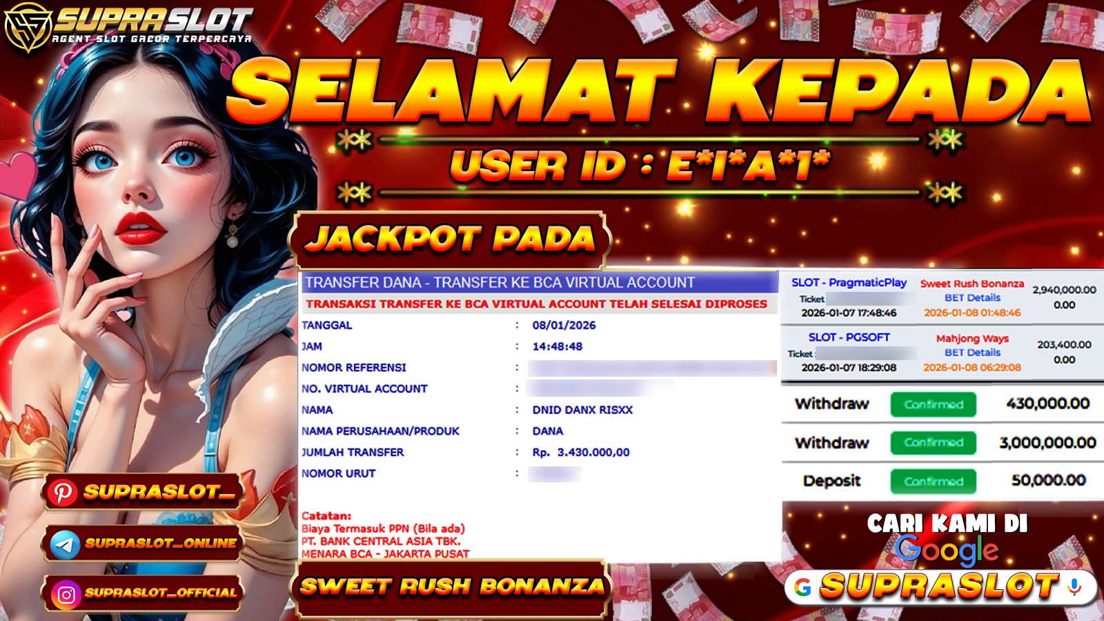 SUPRASLOT JACKPOT di SLOT SWEET RUSH BONANZA  Rp.3.430.000,- LUNAS