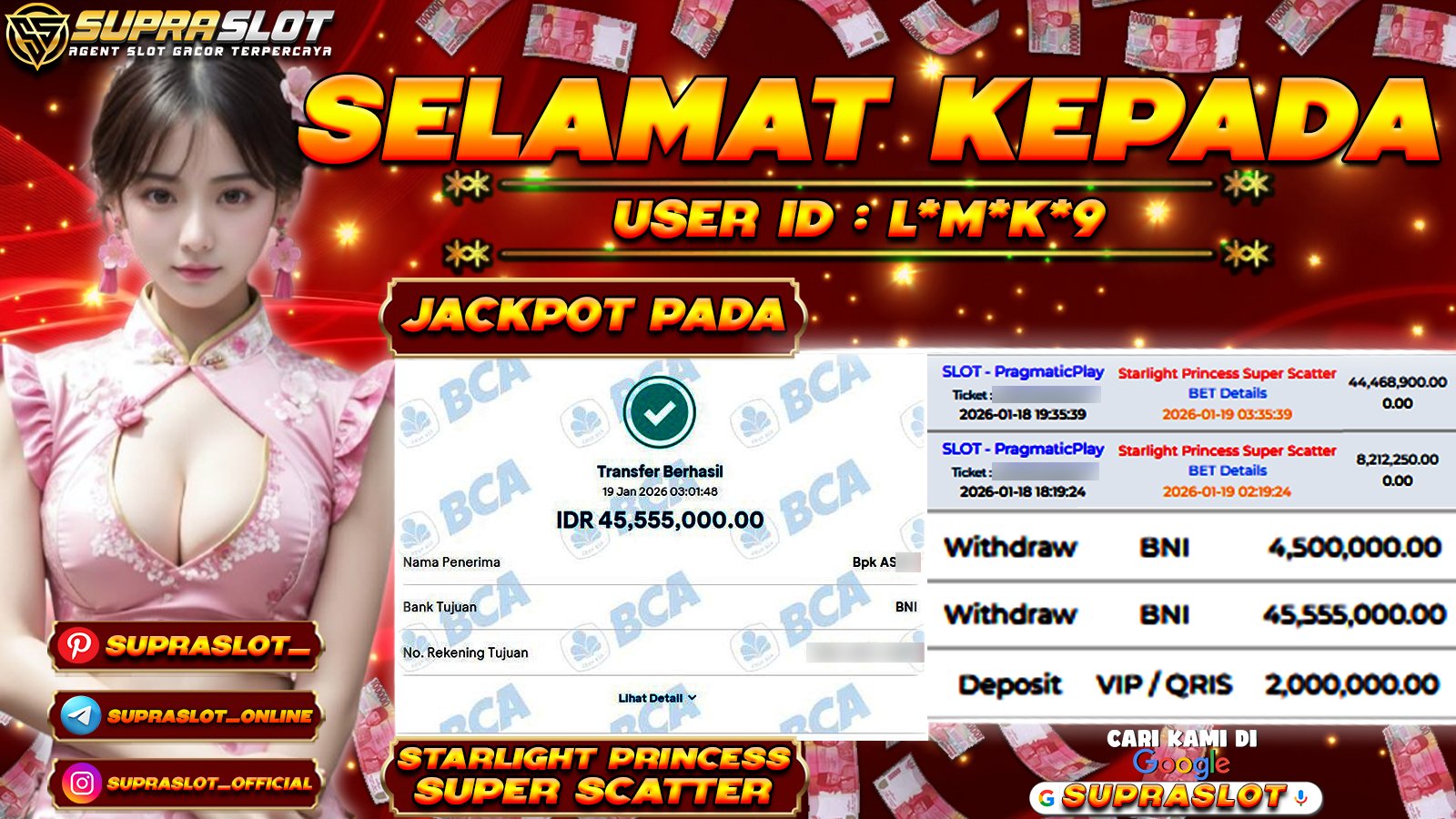 SUPRASLOT JACKPOT di SLOT STARLIGHT PRINCESS SUPER SCATTER Rp.45.555.000,- LUNAS