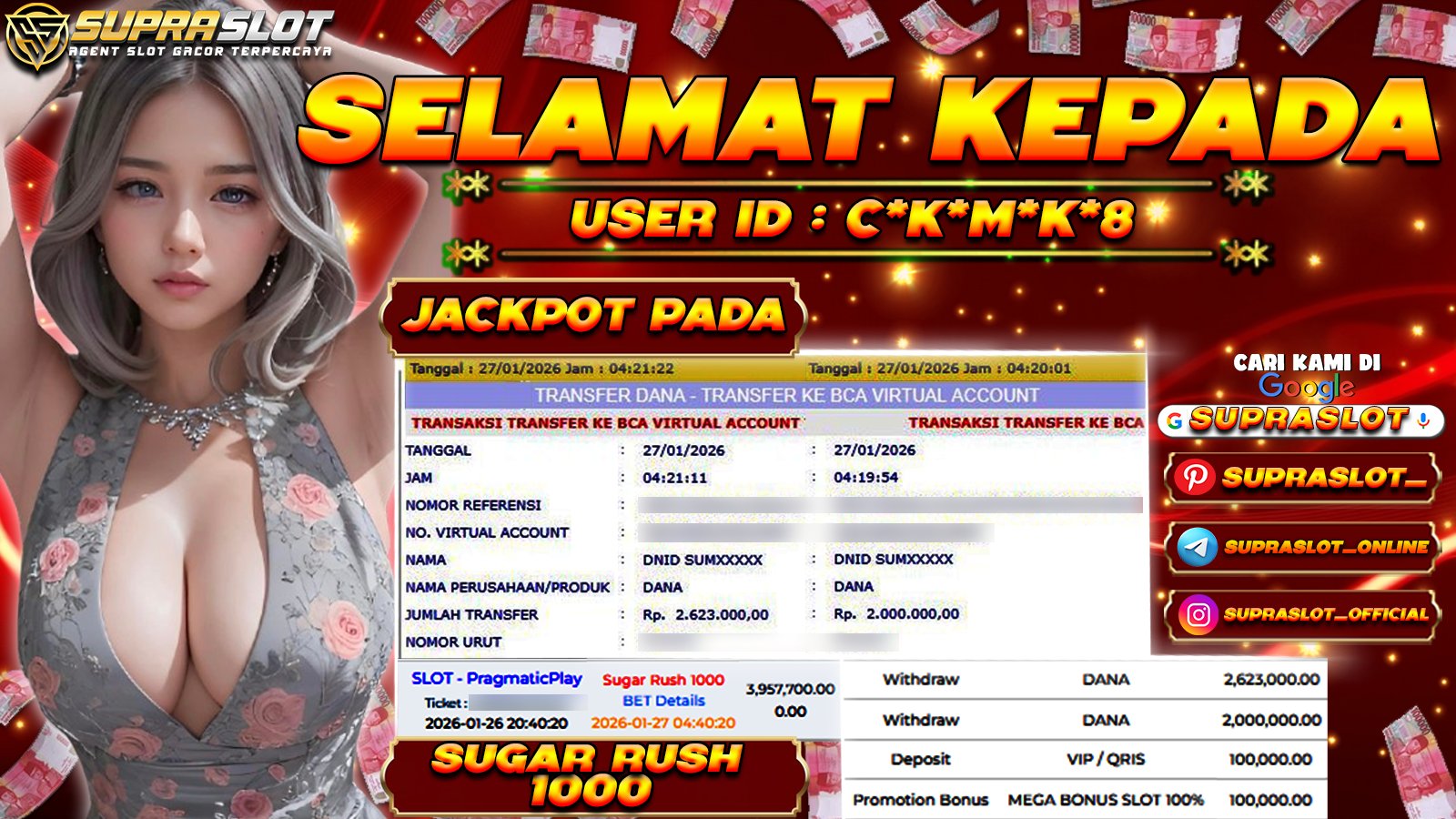SUPRASLOT JACKPOT di SLOT SUGAR RUSH 1000 Rp.4.623.000,- LUNAS