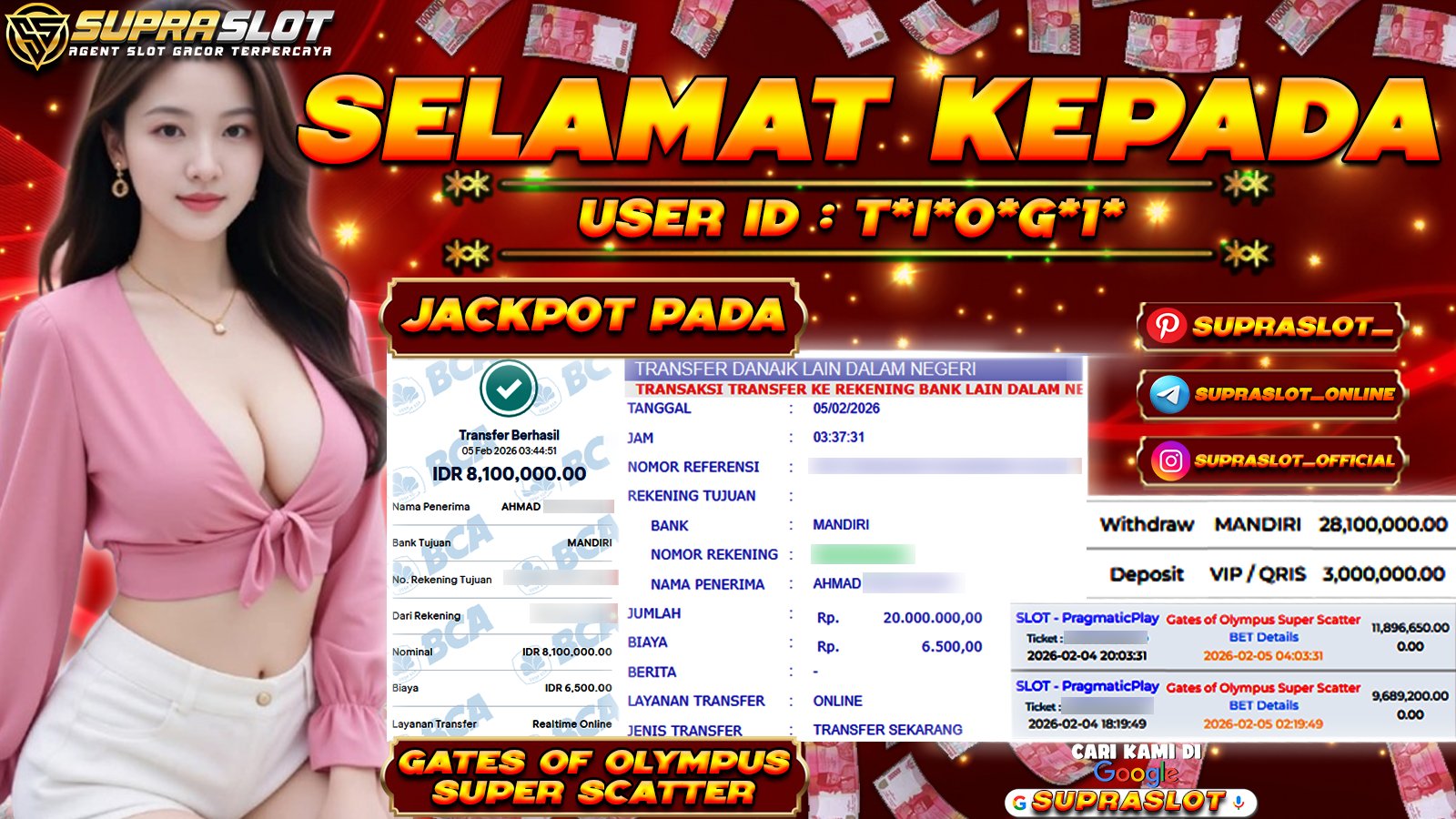 SUPRASLOT JACKPOT di SLOT GATES OF OLYMPUS SUPER SCATTER Rp.28.100.000,- LUNAS