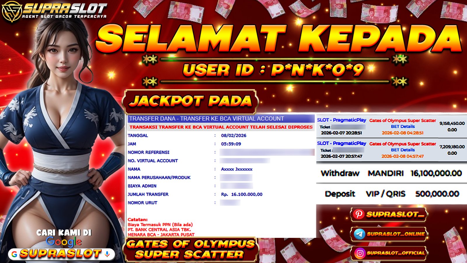 SUPRASLOT JACKPOT di SLOT GATES OF OLYMPUS SUPER SCATTER Rp.16.100.000,- LUNAS