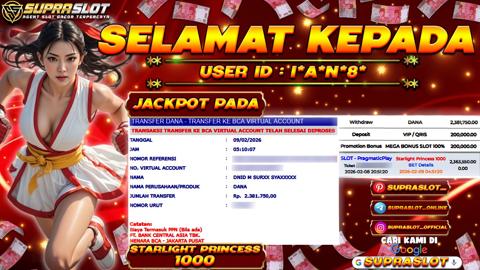 SUPRASLOT JACKPOT di SLOT STARLIGT PRINCESS 1000 Rp.2.381.750,- LUNAS