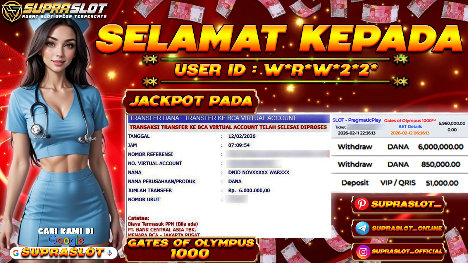 SUPRASLOT JACKPOT di SLOT GATES OF OLYMPUS 1000 Rp.6.000.000,- LUNAS
