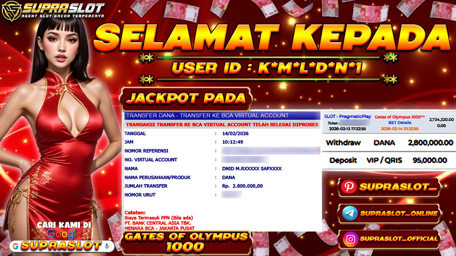 SUPRASLOT JACKPOT di SLOT GATES OF OLYMPUS 1000 Rp.2.800.000,- LUNAS