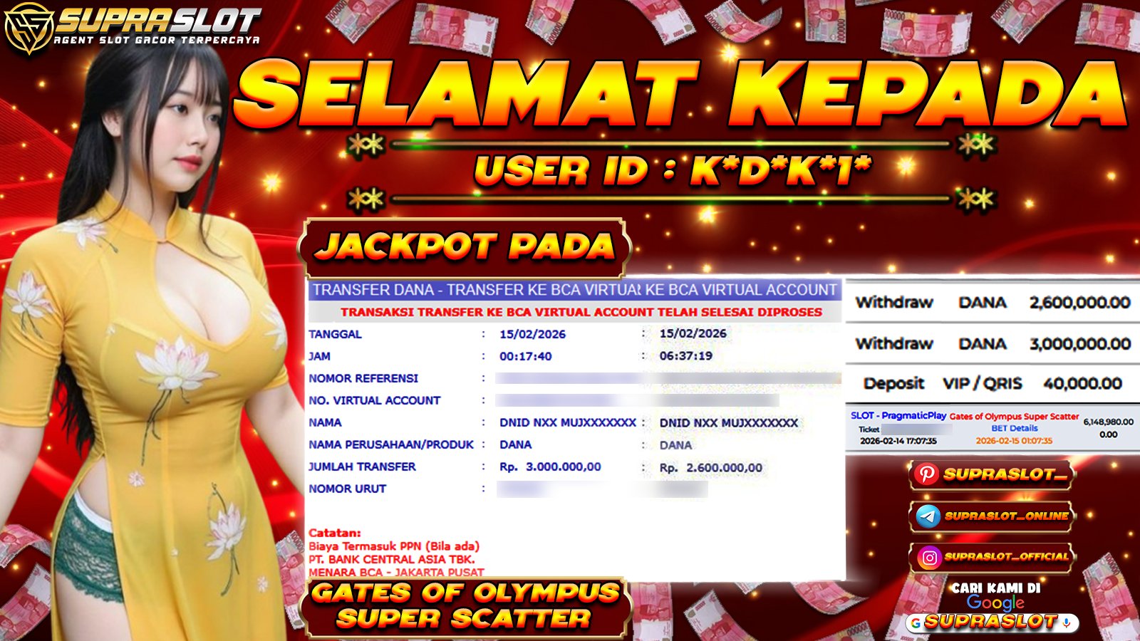 SUPRASLOT JACKPOT di SLOT GATES OF OLYMPUS SUPER SCATTER Rp.5.600.000,- LUNAS