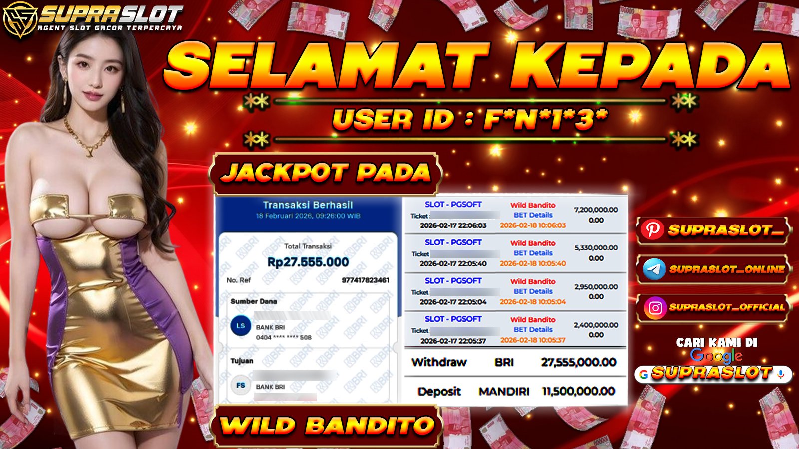 SUPRASLOT JACKPOT di SLOT WILD BANDITO Rp.27.888.000,- LUNAS
