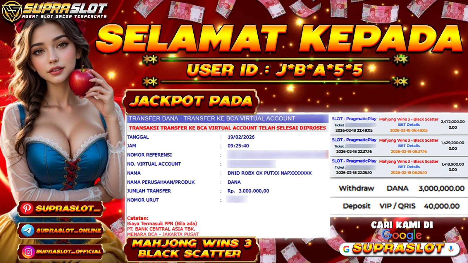 SUPRASLOT JACKPOT di SLOT MAHJONG WINS 3 Rp.3.000.000,- LUNAS