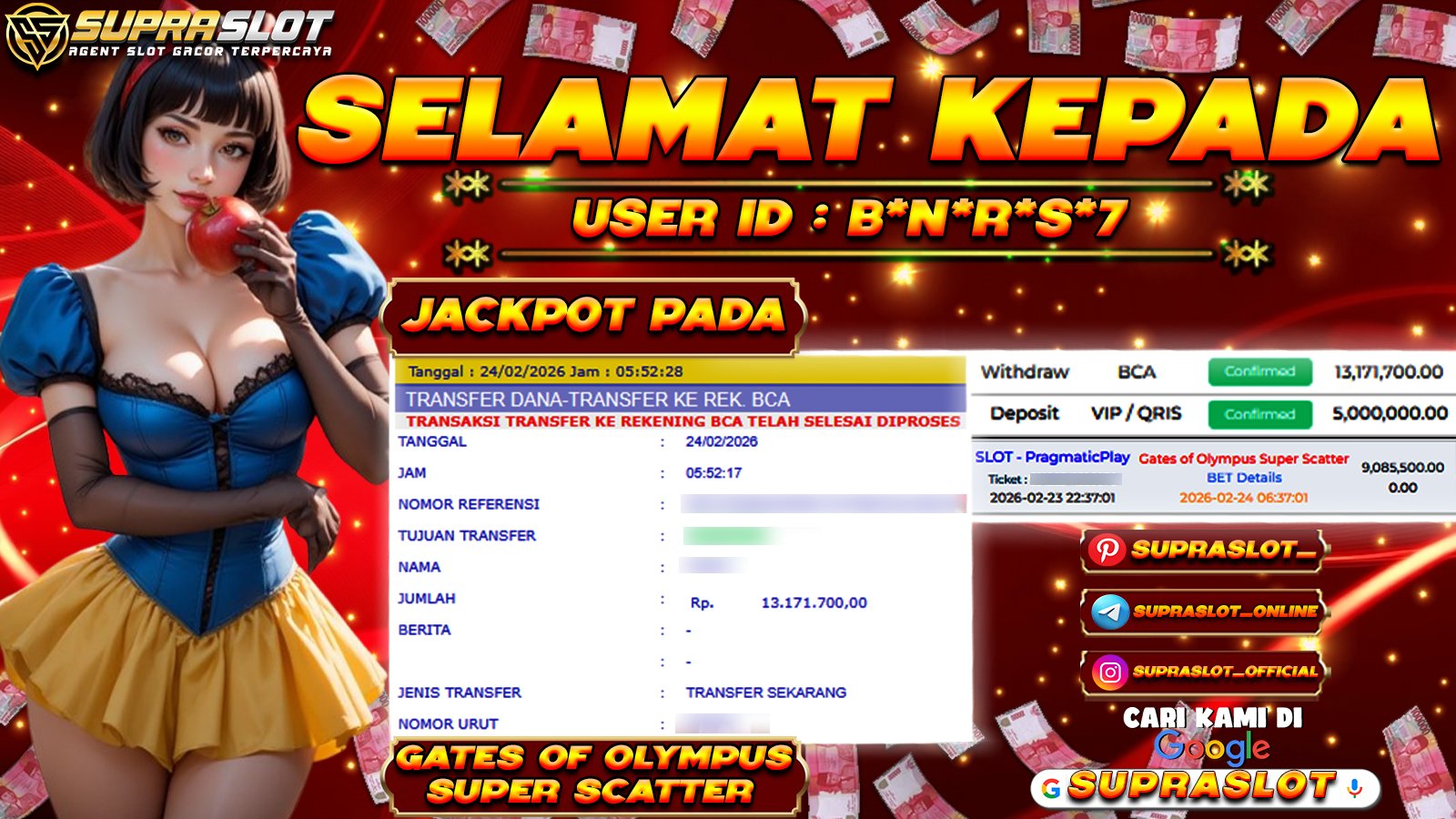 SUPRASLOT JACKPOT di SLOT GATES OF OLYMPUS SUPER SCATTER Rp.13.171.000,- LUNAS
