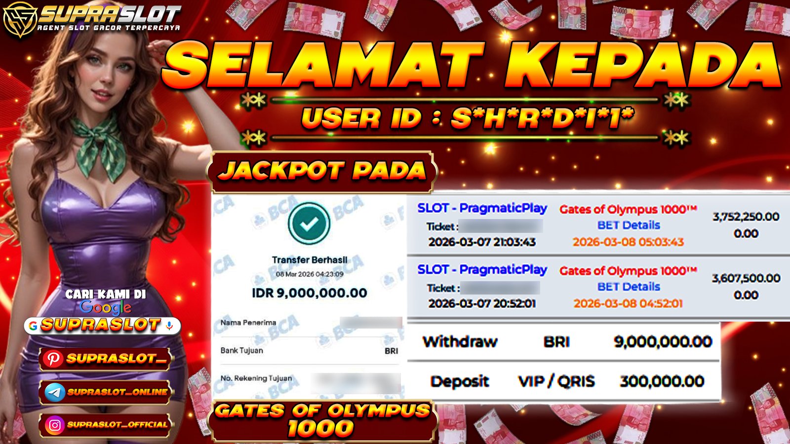 SUPRASLOT JACKPOT di SLOT GATES OF OLYMPUS 1000 Rp.9.000.000,- LUNAS