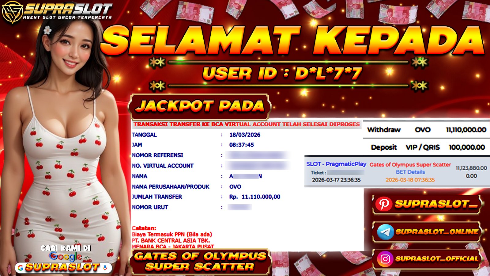 SUPRASLOT JACKPOT di SLOT GATES OF OLYMPUS SUPER SCATTER Rp.11.110.000,- LUNAS