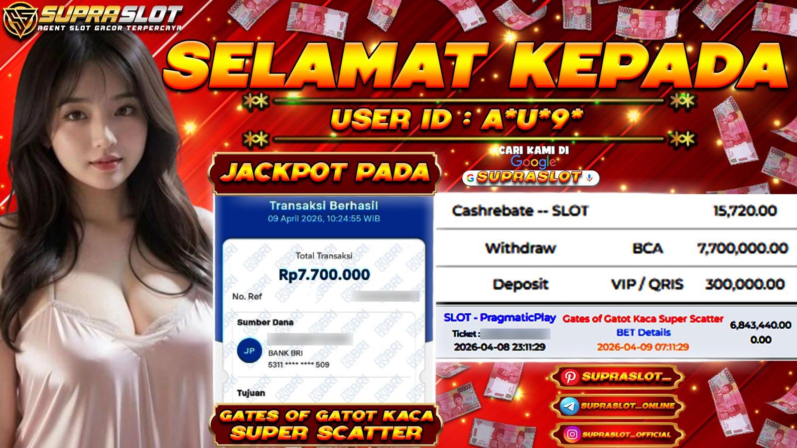 SUPRASLOT JACKPOT di SLOT GATES OF GATOT KACA SUPER SCATTER Rp.7.700.000,- LUNAS
